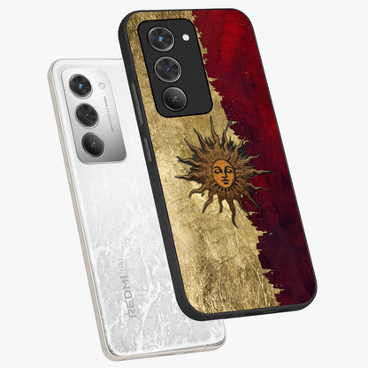 Crimson Sun Majesty Glass Case displayed in angled mockup highlighting majestic crimson sun design with bold aesthetic style.