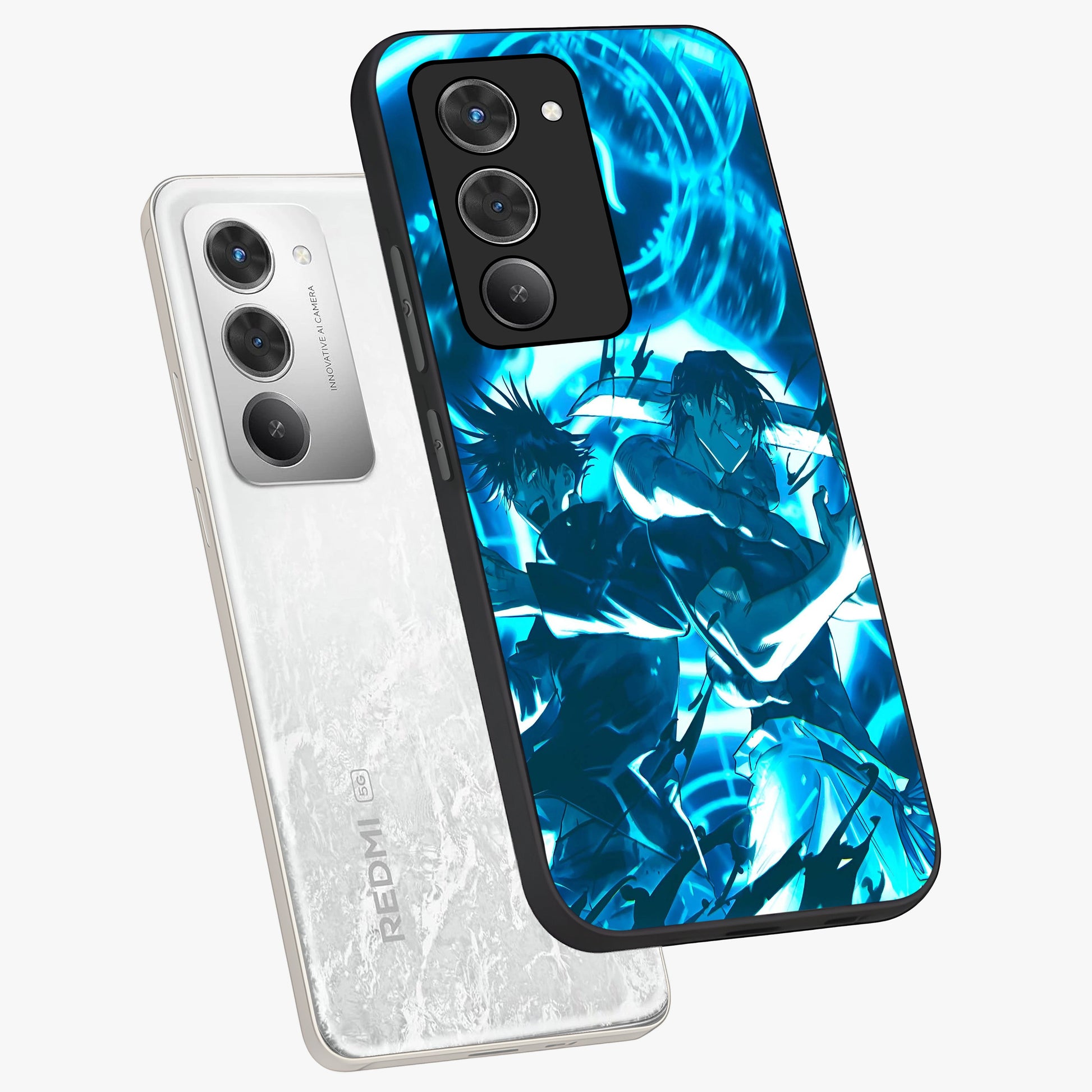 Cursed Energy Clash Glass Case displayed in angled mockup highlighting powerful battle inspired graphic with anime style aesthetic.