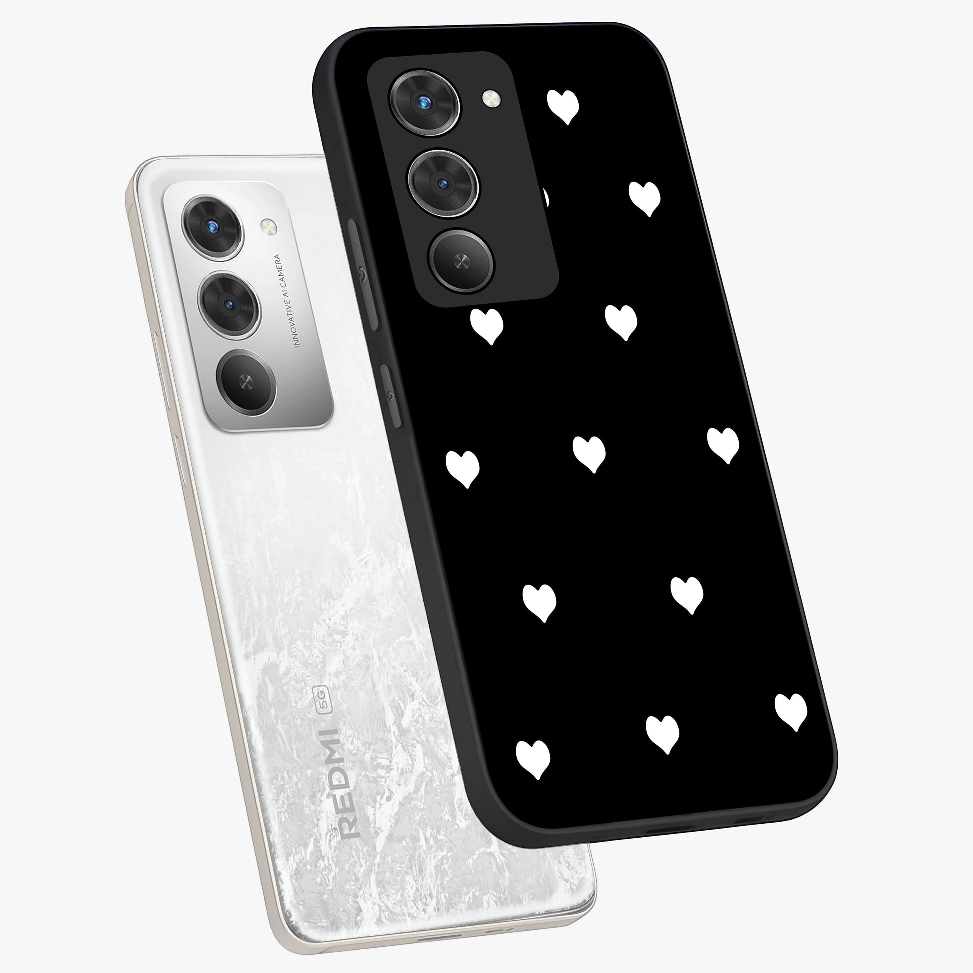 Cute And Simple White Hearts Glass Case displayed in angled mockup highlighting cute heart design with clean aesthetic style.