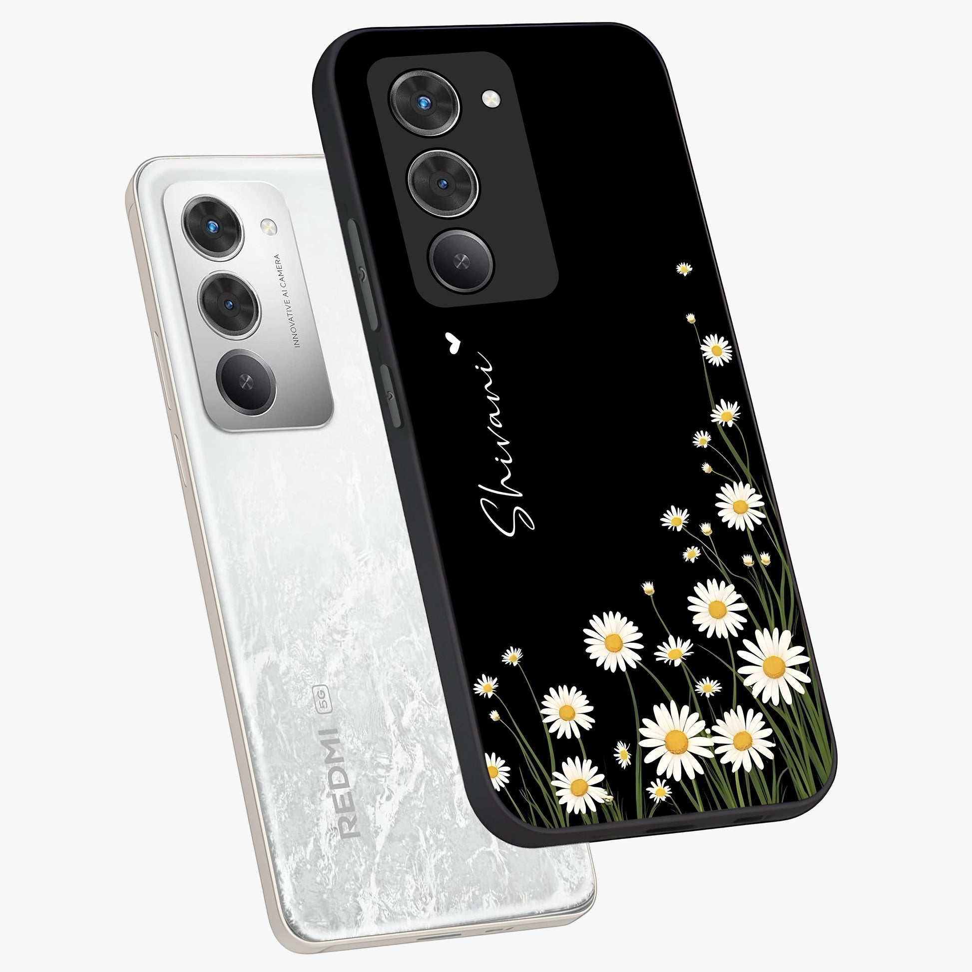 Daisy Cascade Custom Name Glass Case displayed in angled mockup highlighting delicate daisy artwork with custom name feature.