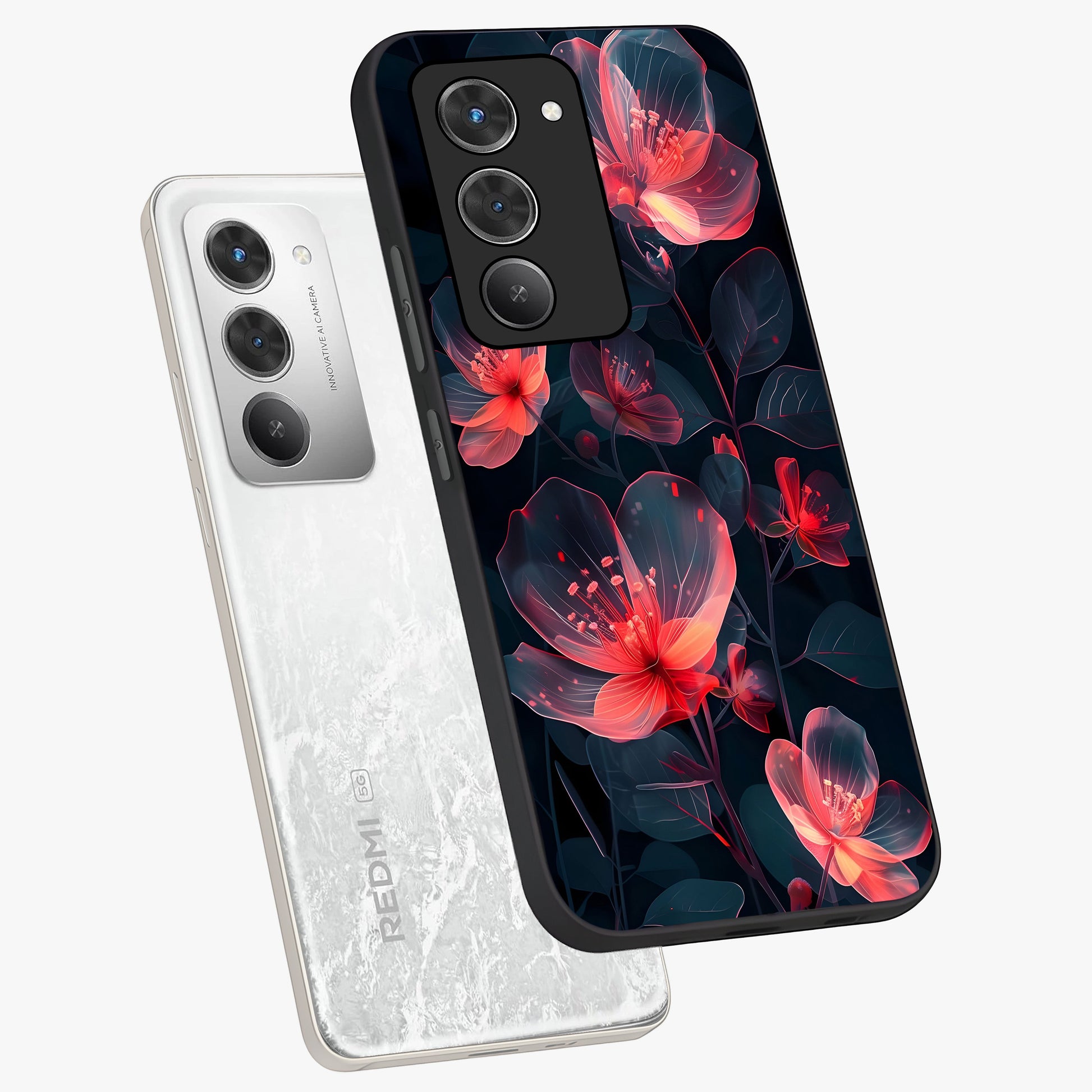 Dark Shade of Flower Glass Case displayed in angled mockup highlighting moody floral illustration with aesthetic dark tones.