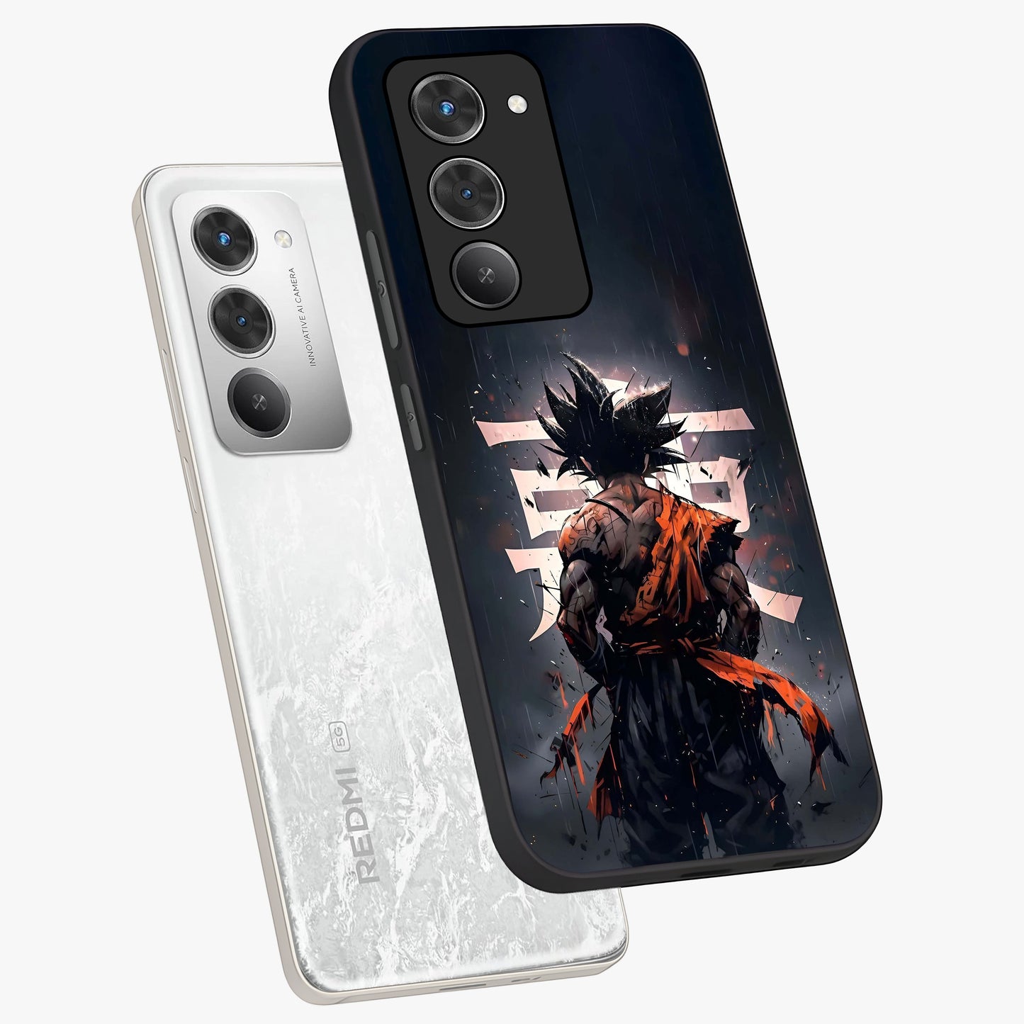 Dark Warrior In Rain Glass Case displayed in angled mockup highlighting dramatic warrior illustration with dark rain aesthetic.