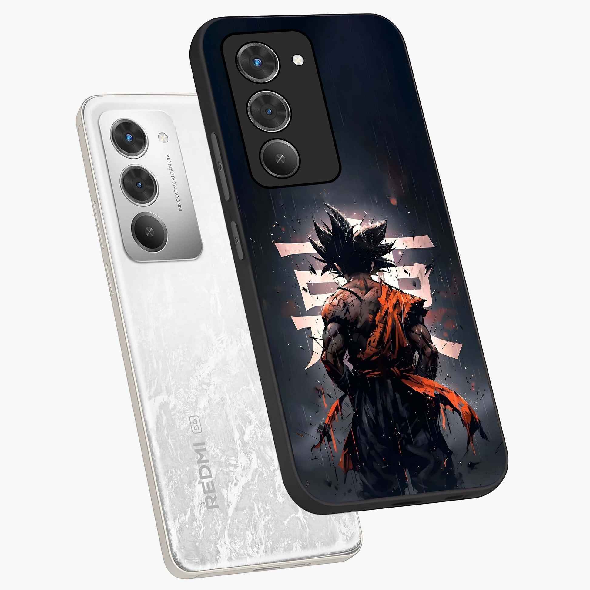 Dark Warrior In Rain Glass Case displayed in angled mockup highlighting dramatic warrior illustration with dark rain aesthetic.