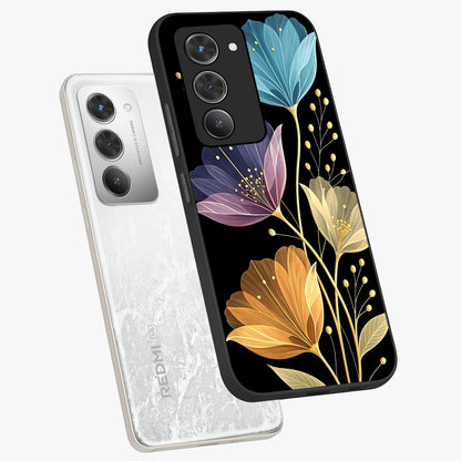 Delicate Multicolor Flowers Glass Case displayed in angled mockup highlighting colorful flower pattern with soft aesthetic style.