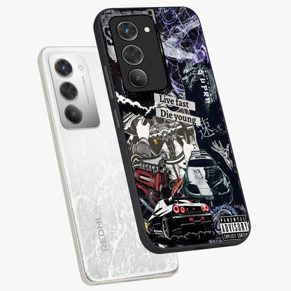 Die Young Glass Case displayed in angled mockup highlighting expressive graphic artwork with edgy aesthetic style.
