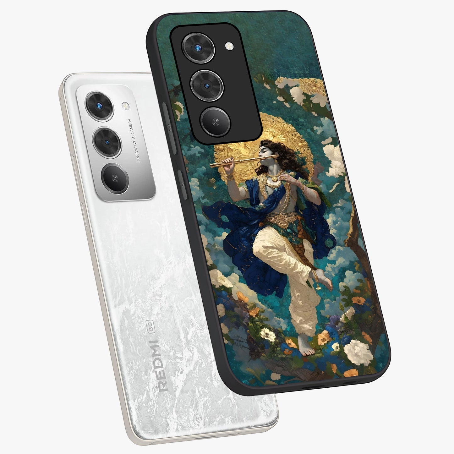 Divine Krishna Art Glass Case displayed in angled mockup highlighting spiritual Krishna illustration with devotional aesthetic.