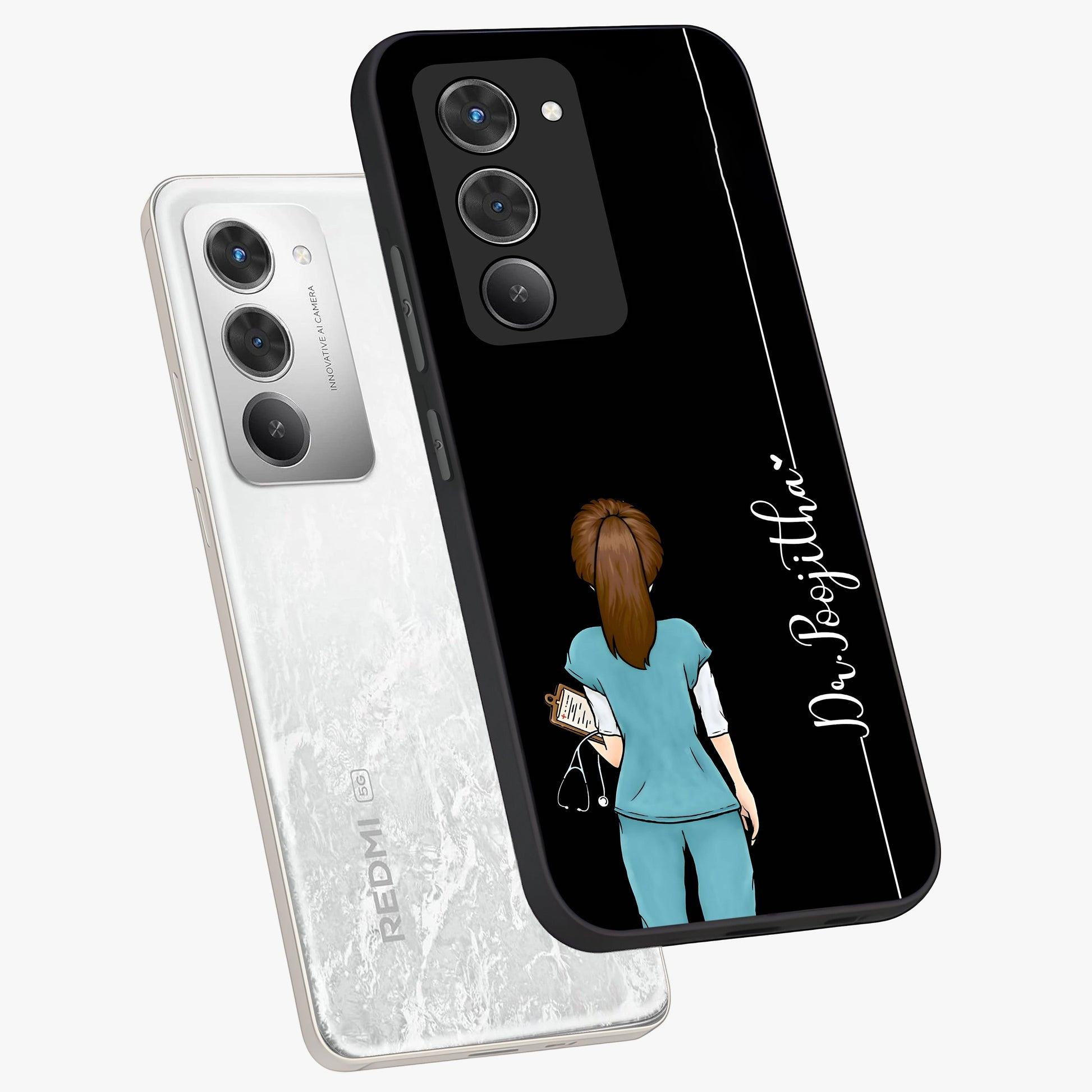 Doctor Pattern Custom Name Glass Case displayed in angled mockup highlighting doctor inspired artwork with custom name feature.