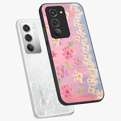 Dreamy Painted Garden Glass Case displayed in angled mockup highlighting colorful garden illustration with dreamy aesthetic style.