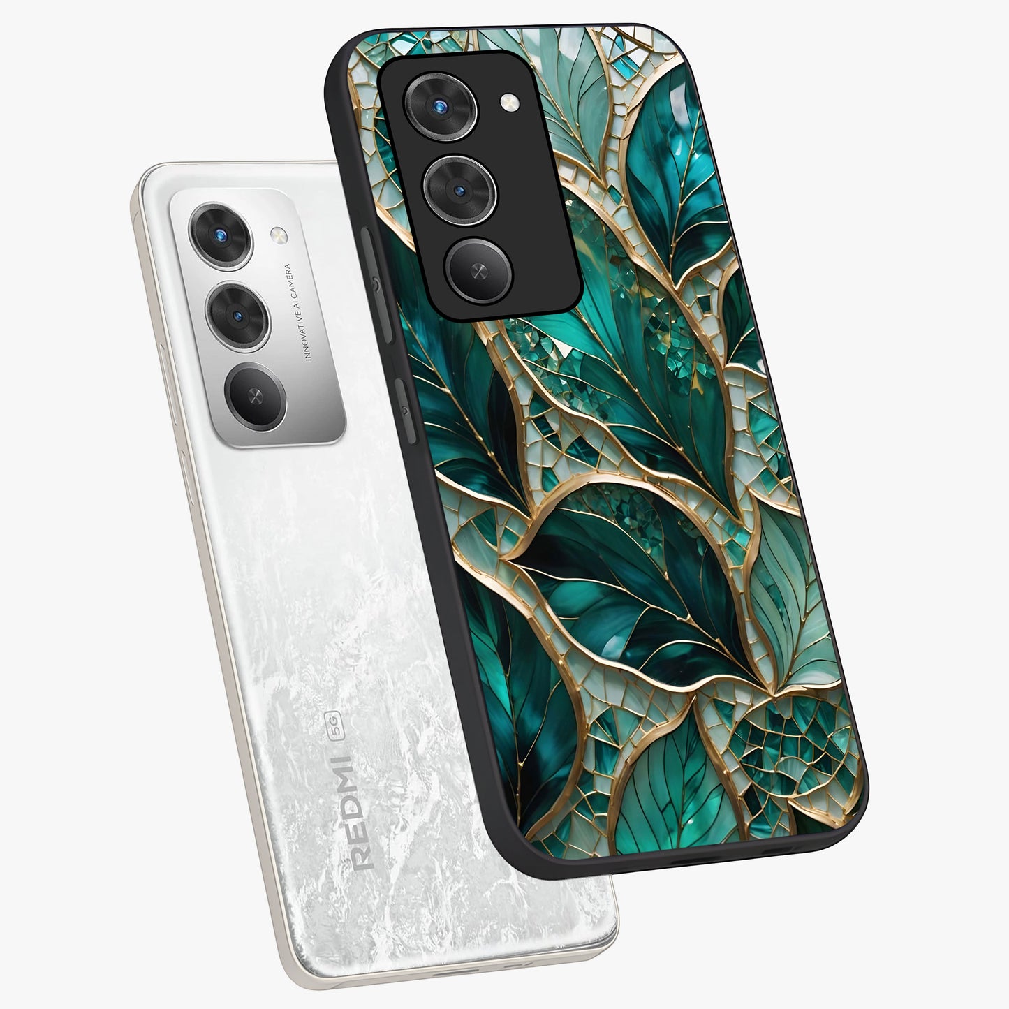 Emerald Leaf Glass Glass Case displayed in angled mockup highlighting botanical leaf illustration with elegant natural aesthetic.