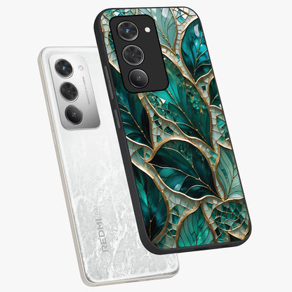 Emerald Leaf Glass Glass Case displayed in angled mockup highlighting botanical leaf illustration with elegant natural aesthetic.