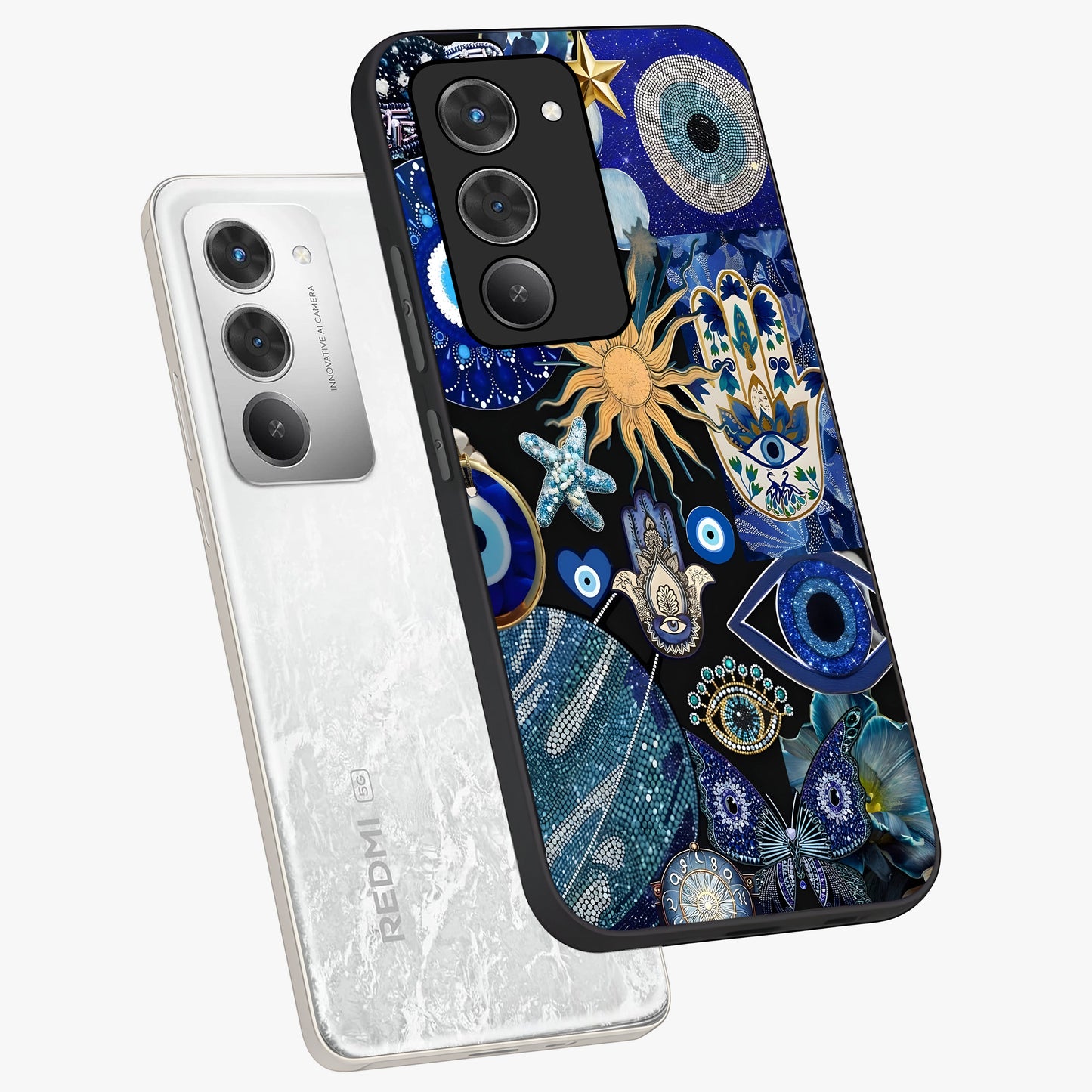 Evil Eye Charm Mix Glass Case displayed in angled mockup highlighting protective evil eye symbols with spiritual aesthetic design.