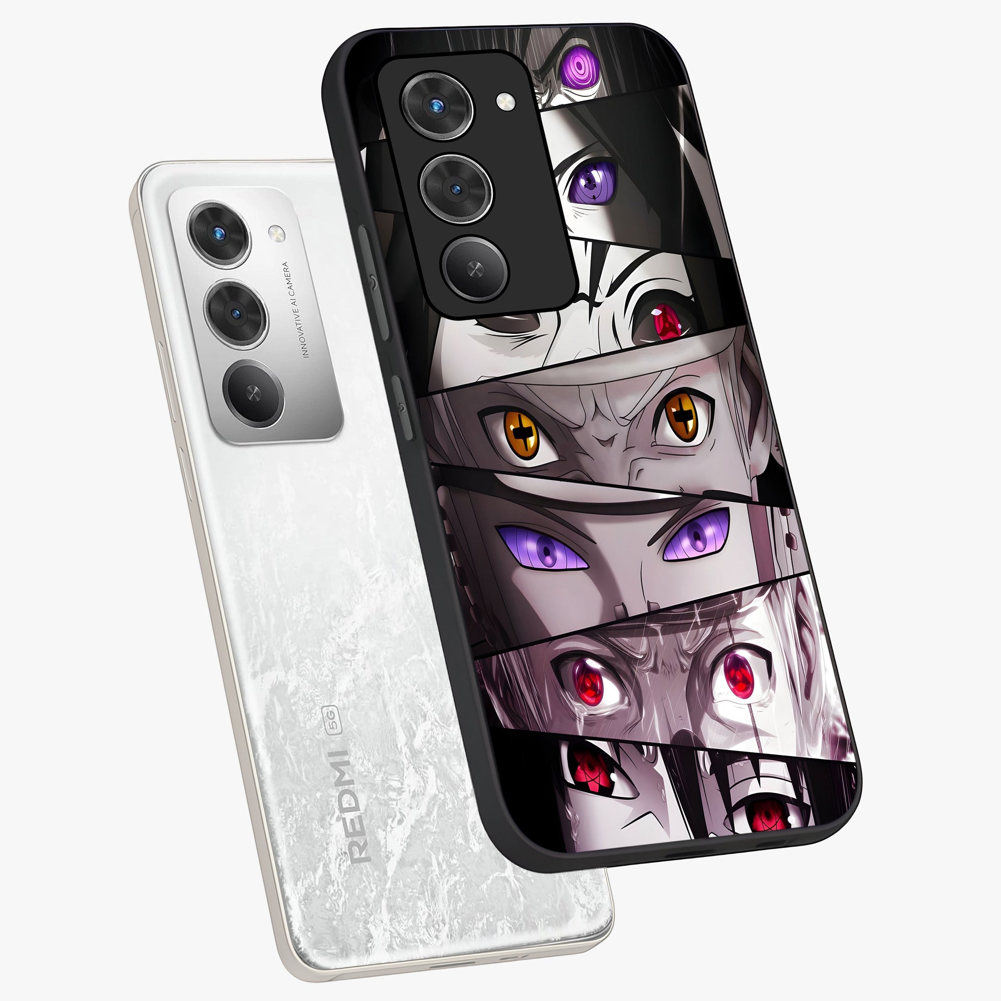 Eyes of Destiny Glass Case displayed in angled mockup highlighting bold eye illustration with mystical aesthetic style.