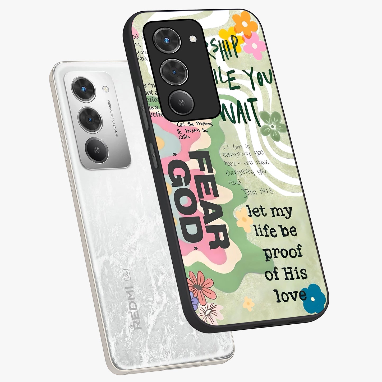 Faith Over Fear Glass Case displayed in angled mockup highlighting inspirational message design with modern aesthetic style.