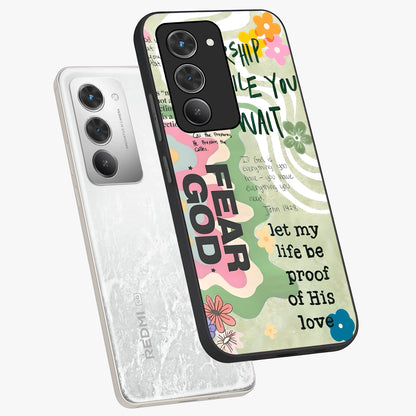 Faith Over Fear Glass Case displayed in angled mockup highlighting inspirational message design with modern aesthetic style.