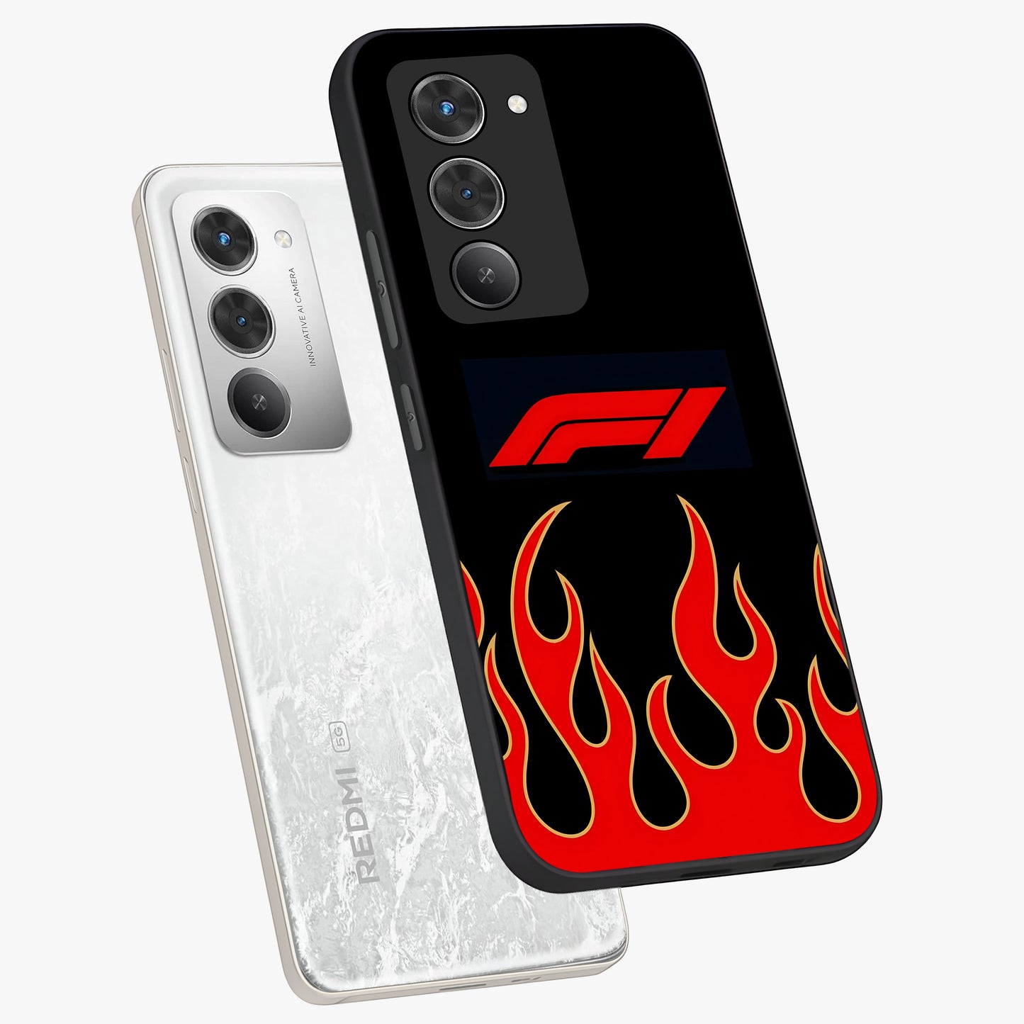 Fire F11 Glass Case displayed in angled mockup highlighting bold fire inspired graphic with energetic aesthetic style.
