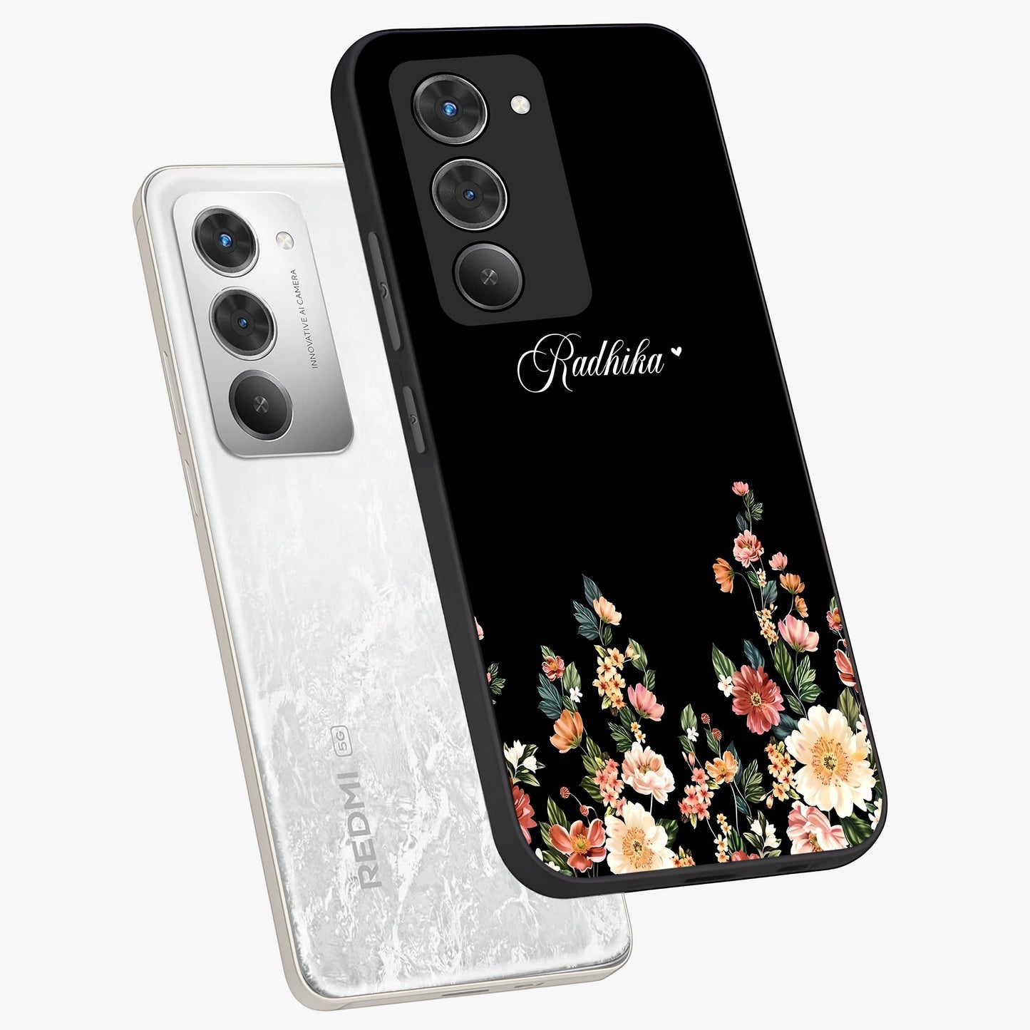 Floral Design With a Custom Personalized Name Glass Case displayed in angled mockup highlighting elegant floral pattern with custom name feature.