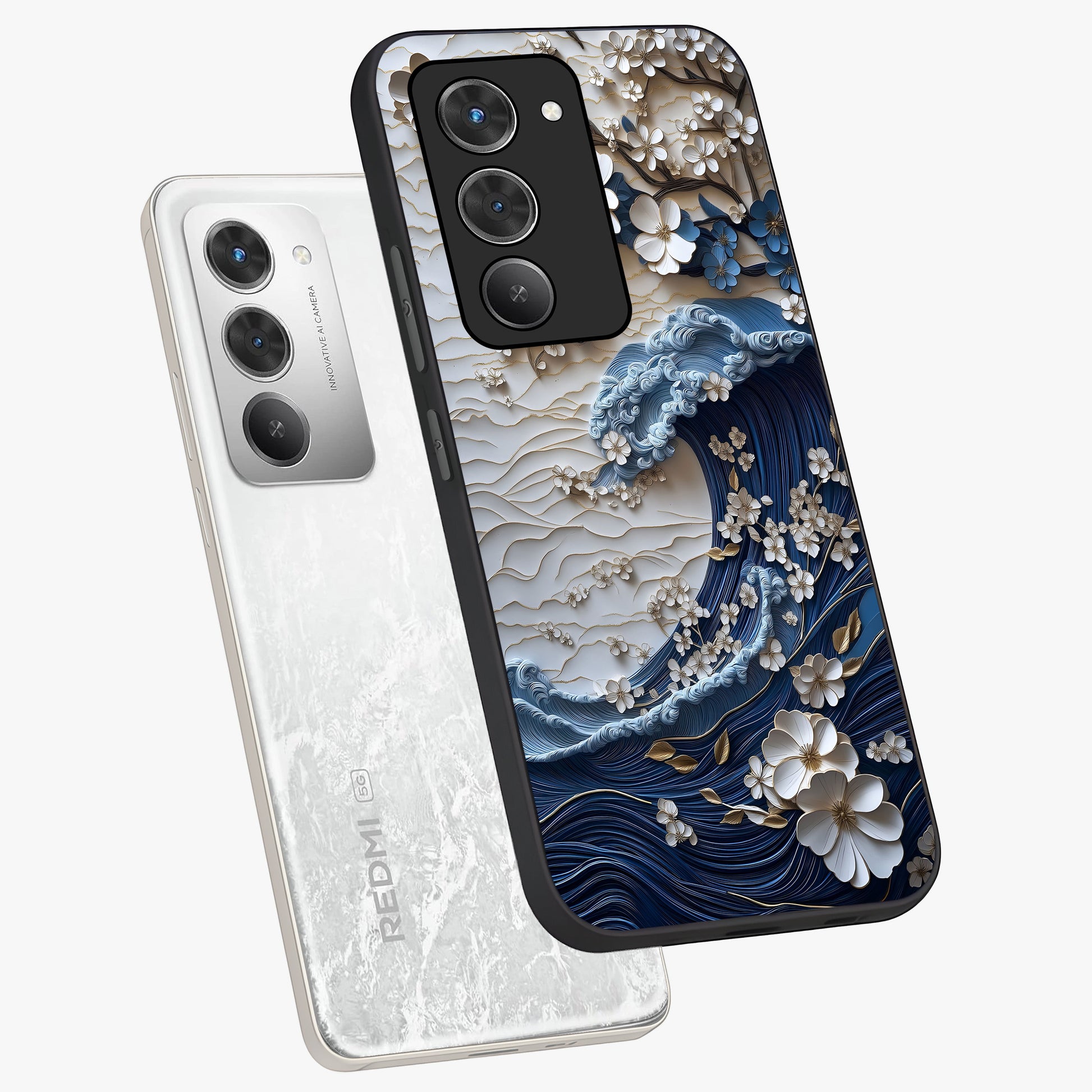 Floral Wave Origami Glass Case displayed in angled mockup highlighting geometric origami flower design with modern aesthetic style.