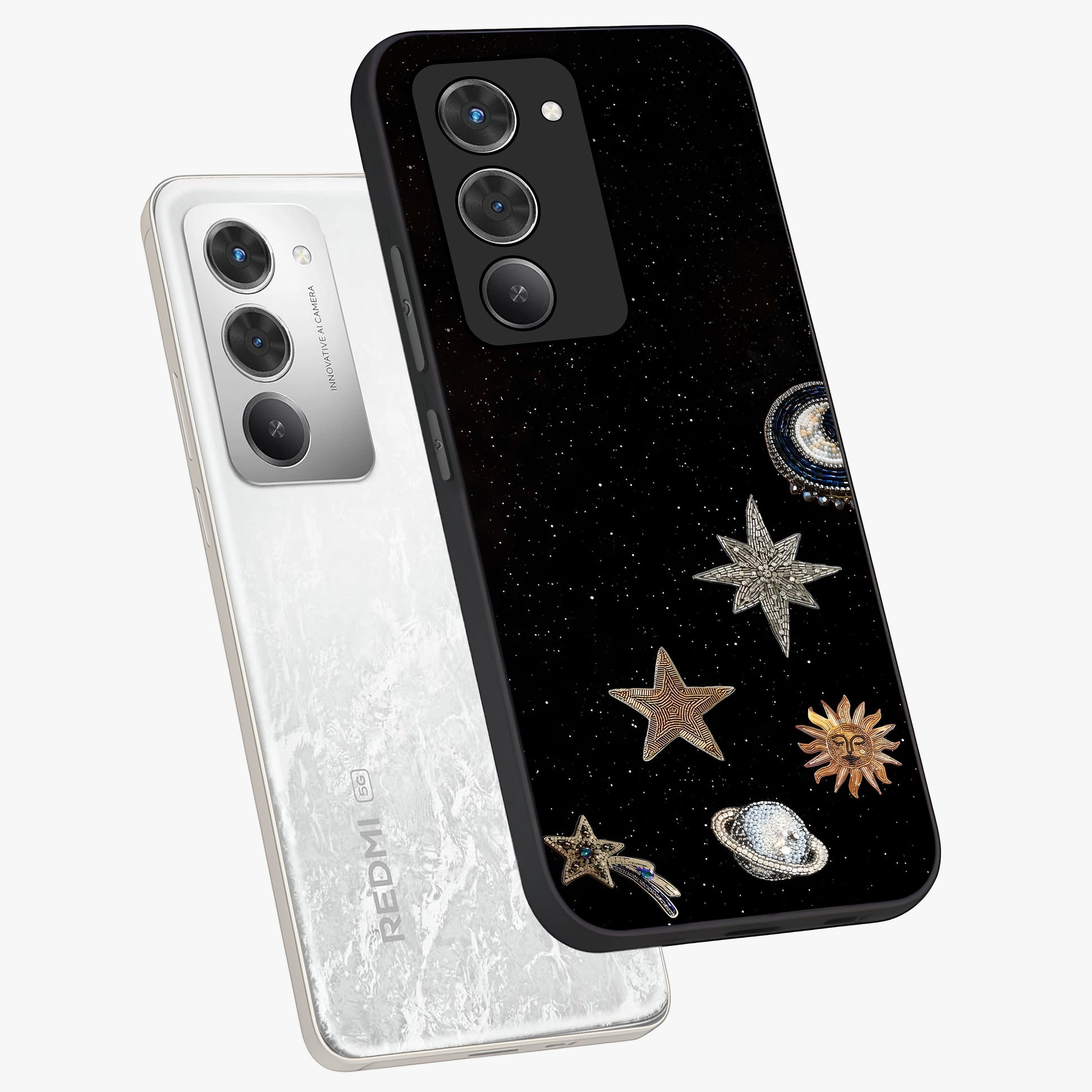 Galactic Charm Glow Glass Case displayed in angled mockup highlighting luminous galaxy inspired design with dreamy aesthetic.