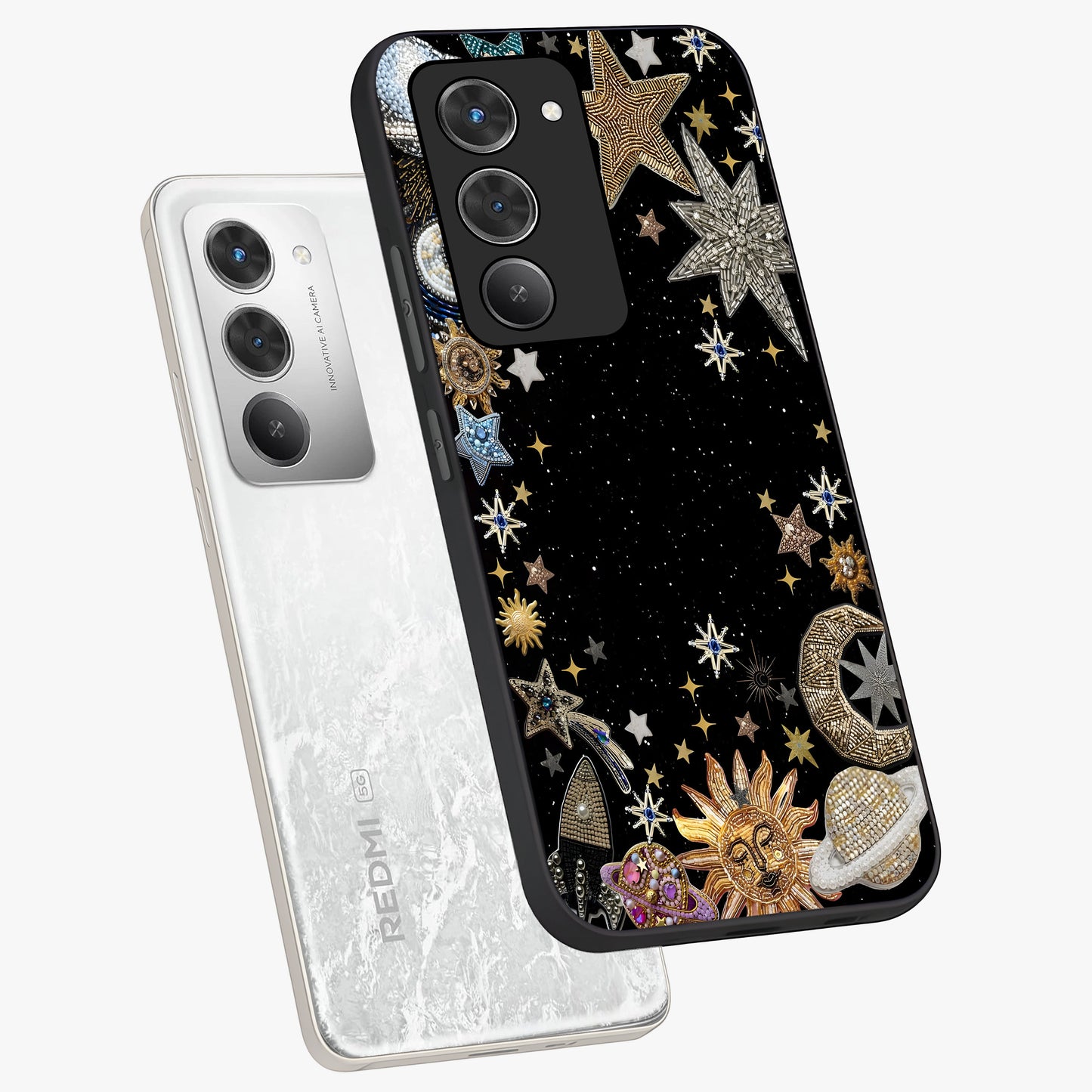 Galactic Jewel Stars Glass Case displayed in angled mockup highlighting shining celestial star design with cosmic aesthetic style.