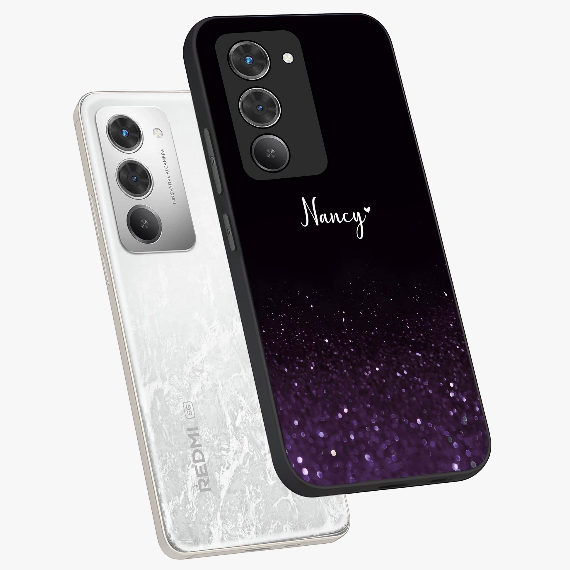 Glittery Purple Bokeh Custom Name Glass Case displayed in angled mockup highlighting glitter bokeh pattern with custom name feature.