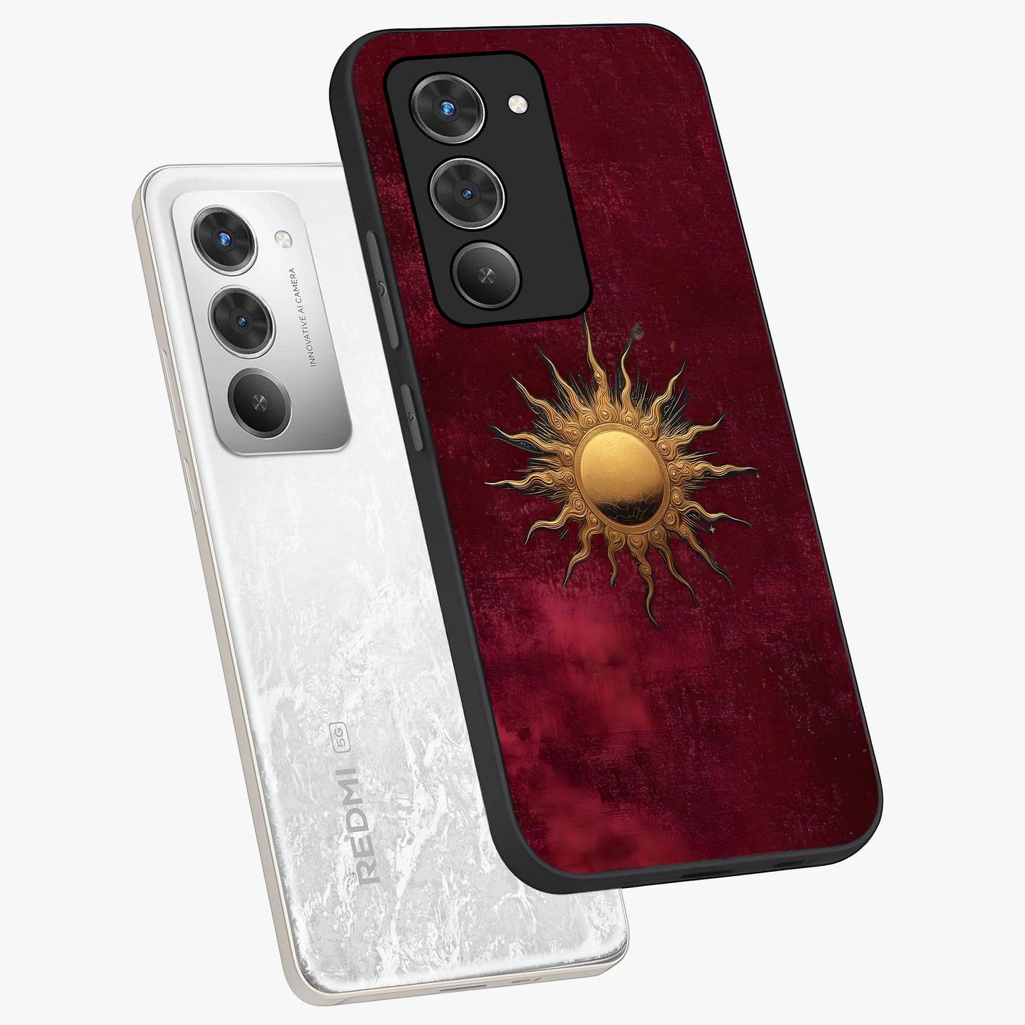 Golden Sun Minimalism Glass Case displayed in angled mockup highlighting clean sun symbol design with modern minimal aesthetic.