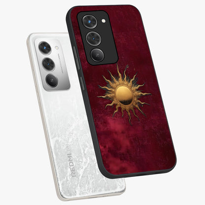 Golden Sun Minimalism Glass Case displayed in angled mockup highlighting clean sun symbol design with modern minimal aesthetic.