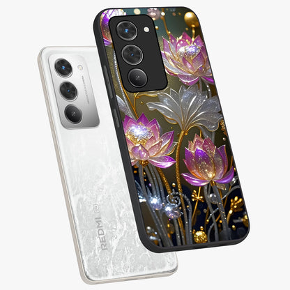 Golden Floral Majesty Glass Case displayed in angled mockup highlighting elegant flower design with royal golden aesthetic.