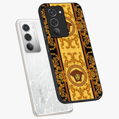 Golden Lotus Glow Glass Case displayed in angled mockup highlighting radiant lotus illustration with spiritual aesthetic.