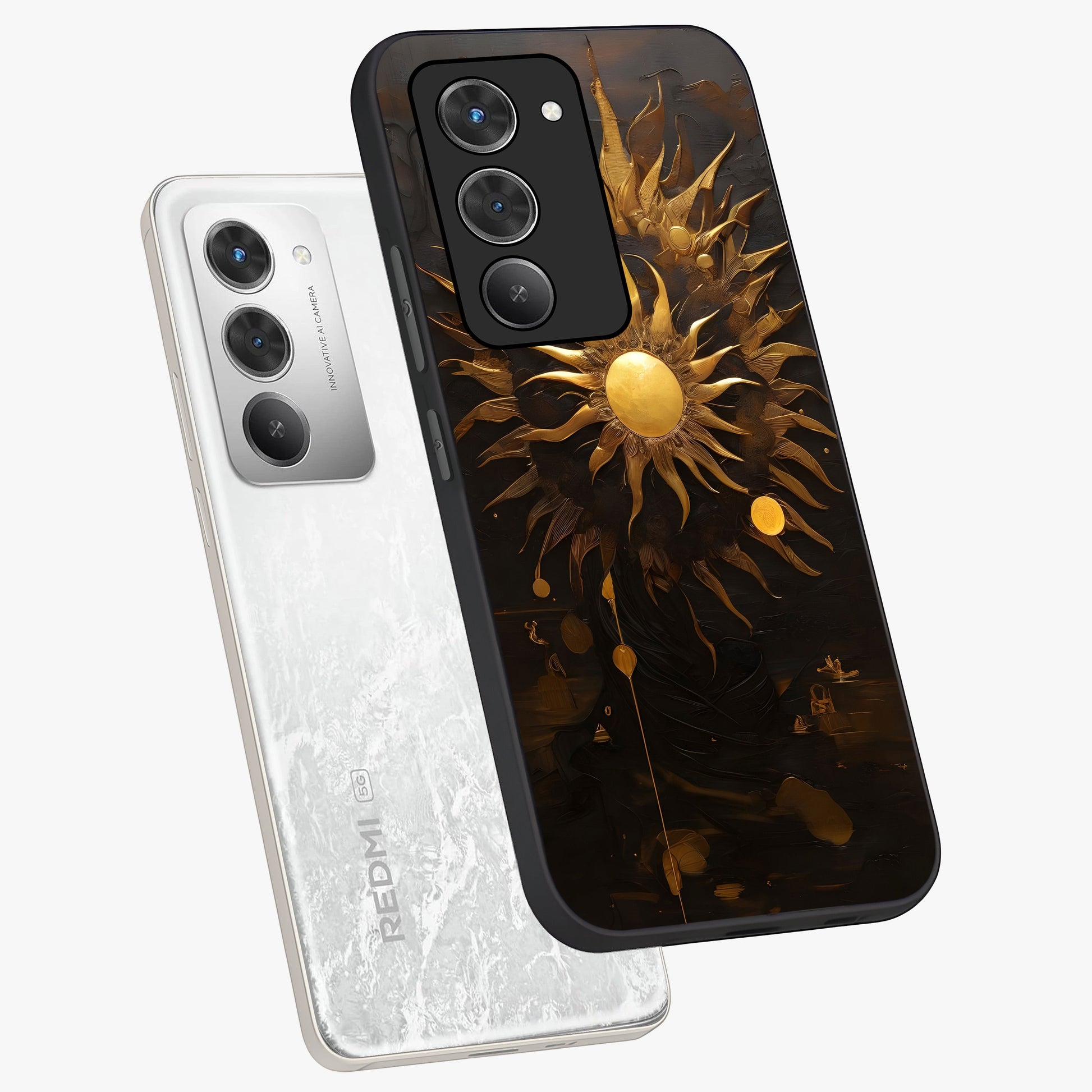 Golden Sun Majesty Glass Case displayed in angled mockup highlighting eerie shadow illustration with gothic aesthetic.