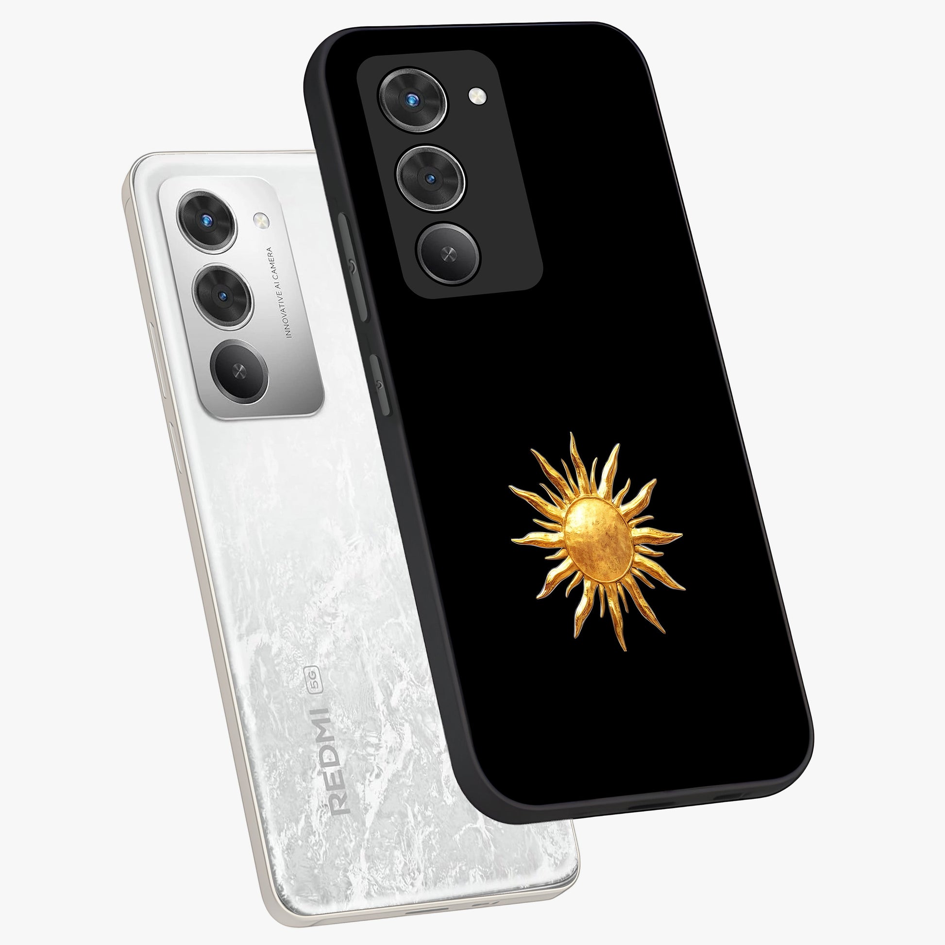 Golden Sun Minimalism Glass Case displayed in angled mockup highlighting eerie shadow illustration with gothic aesthetic.