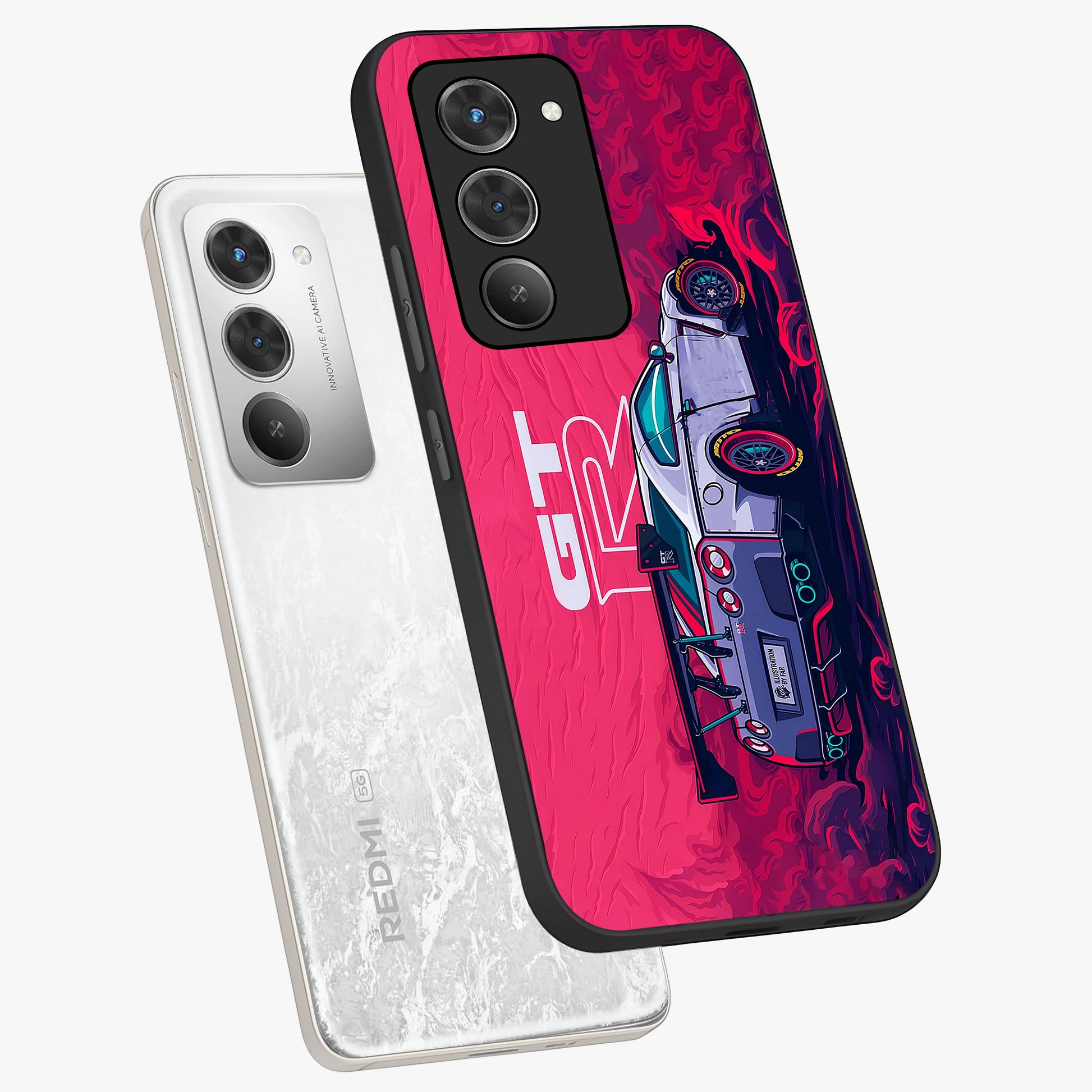 GT-R Car Pattern Glass Case displayed in angled mockup highlighting racing car graphic design with bold automotive aesthetic.