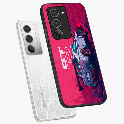 GT-R Car Pattern Glass Case displayed in angled mockup highlighting racing car graphic design with bold automotive aesthetic.