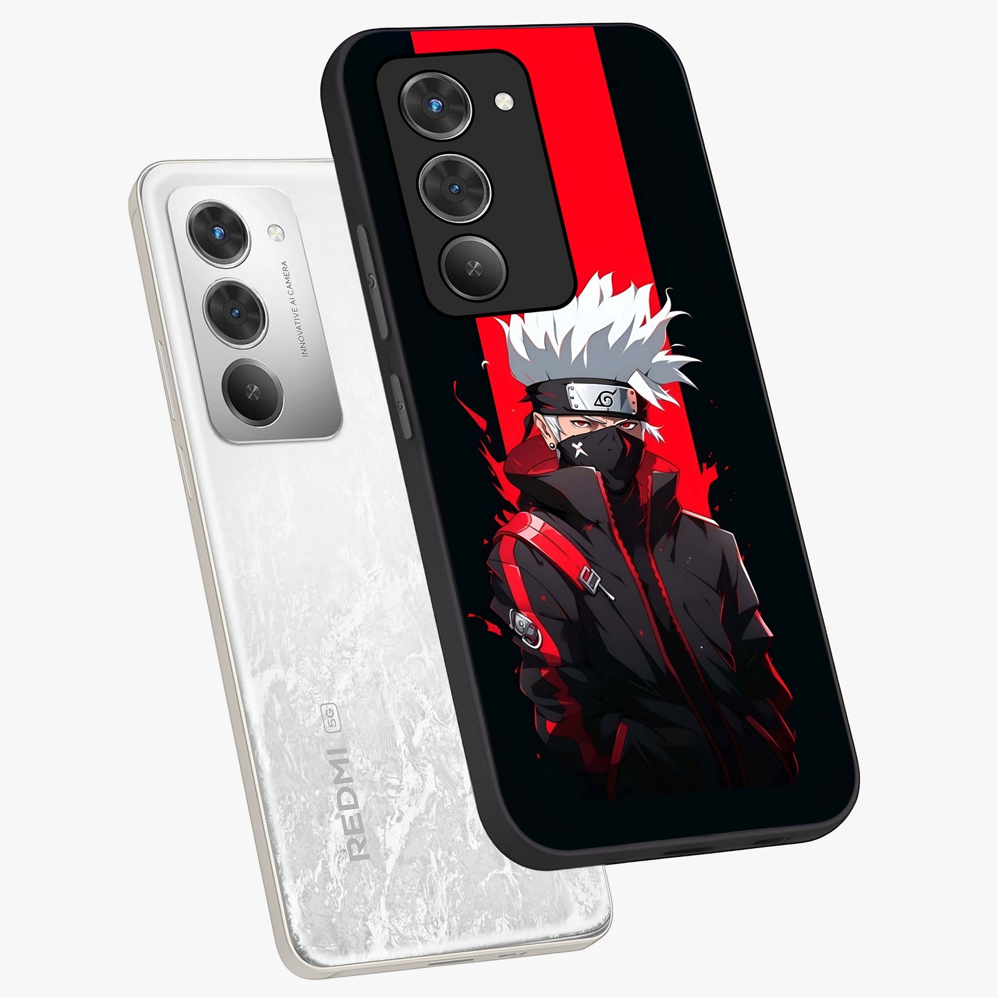 Kakashi Scarlet Shadow Glass Case displayed in angled mockup highlighting dramatic ninja illustration with scarlet themed aesthetic.