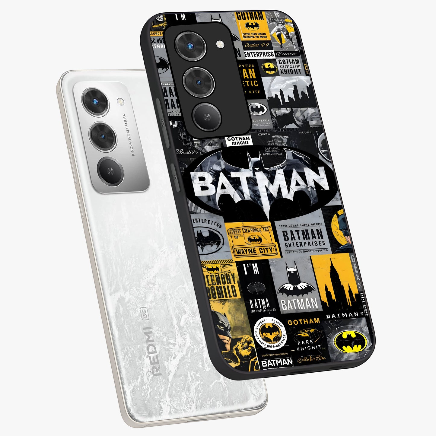 Knight Gotham Rise Glass Case displayed in angled mockup highlighting powerful knight silhouette design with dramatic aesthetic.