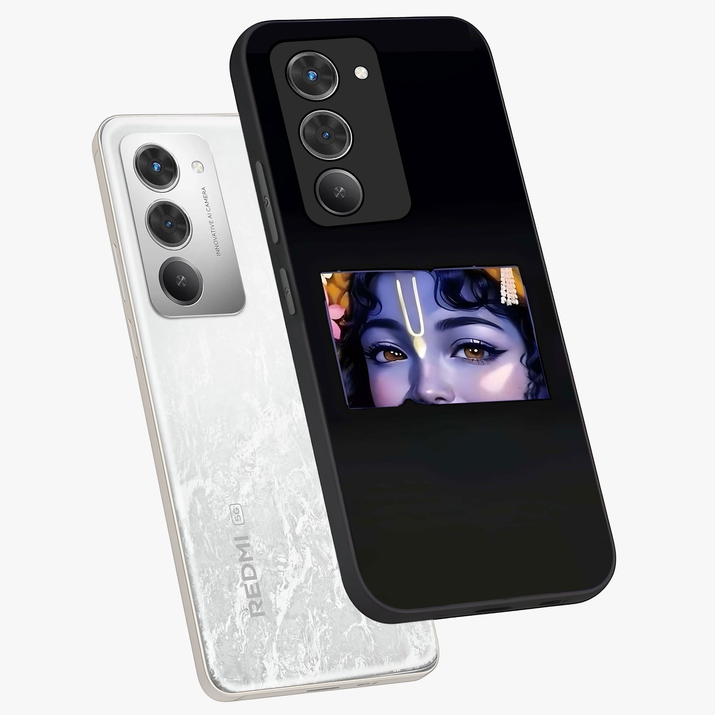 Krishna Divine Embrace Glass Case displayed in angled mockup highlighting divine Krishna illustration with spiritual aesthetic.