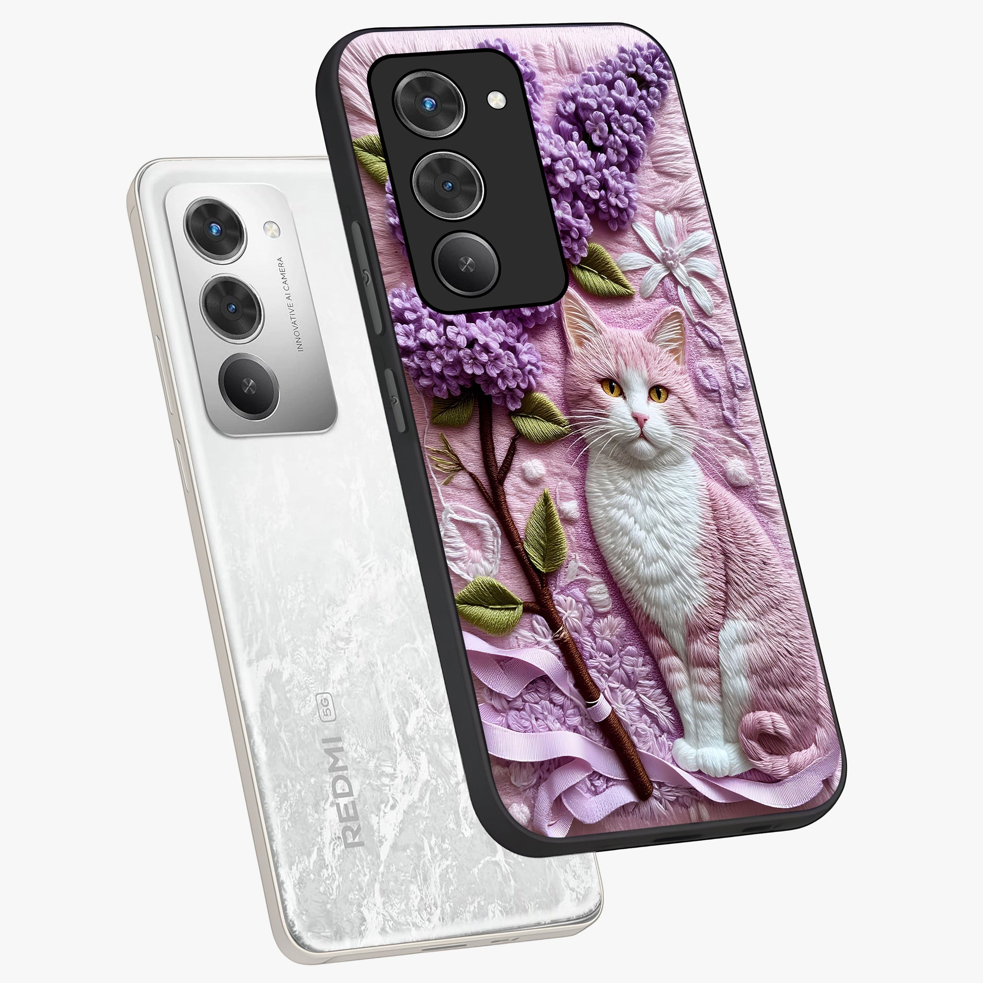 Lavender Cat Whimsy Glass Case displayed in angled mockup highlighting playful feline illustration with pastel lavender aesthetic.