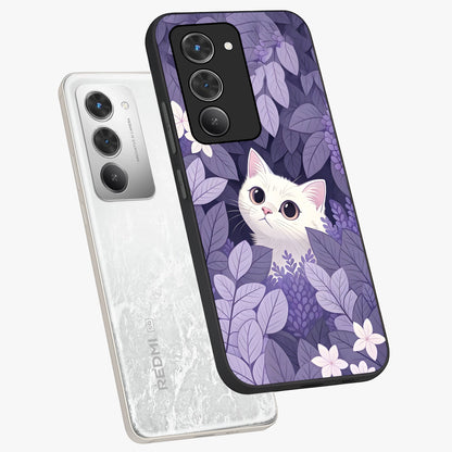 Lilac Hide Peek Cat Glass Case displayed in angled mockup highlighting playful feline illustration with lilac aesthetic design.