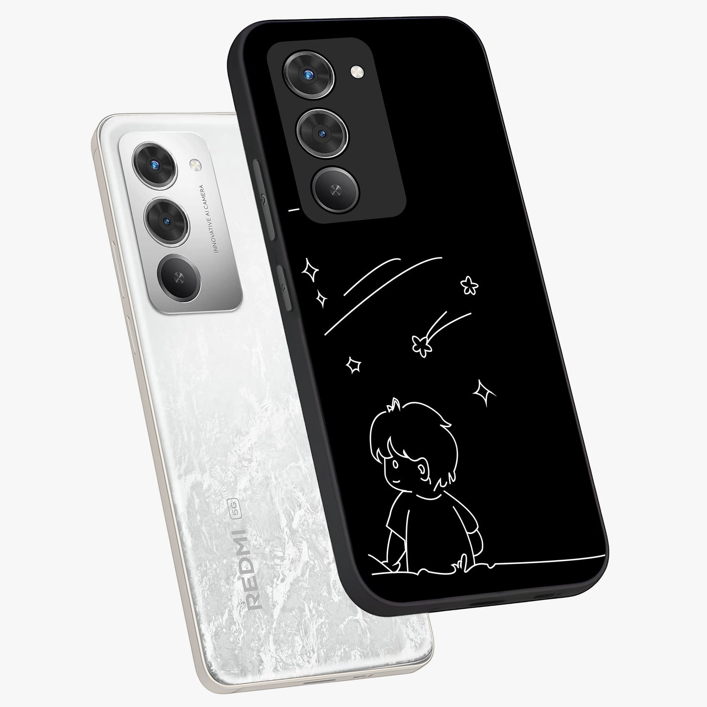 Line Art Boy With Shooting Stars Glass Case displayed in angled mockup highlighting elegant line art design with dreamy star aesthetic.
