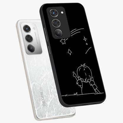 Line Art Girl With Shooting Stars Glass Case displayed in angled mockup highlighting elegant line art design with dreamy star aesthetic.