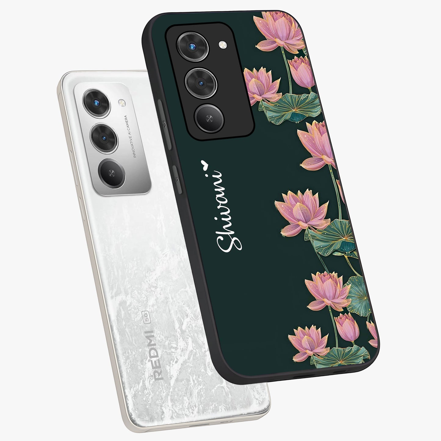 Lotus Bloom Serenity Custom Name Glass Case displayed in angled mockup highlighting graceful lotus illustration with custom name feature.
