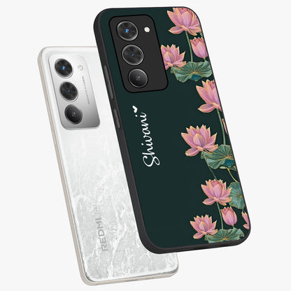 Lotus Bloom Serenity Custom Name Glass Case displayed in angled mockup highlighting graceful lotus illustration with custom name feature.