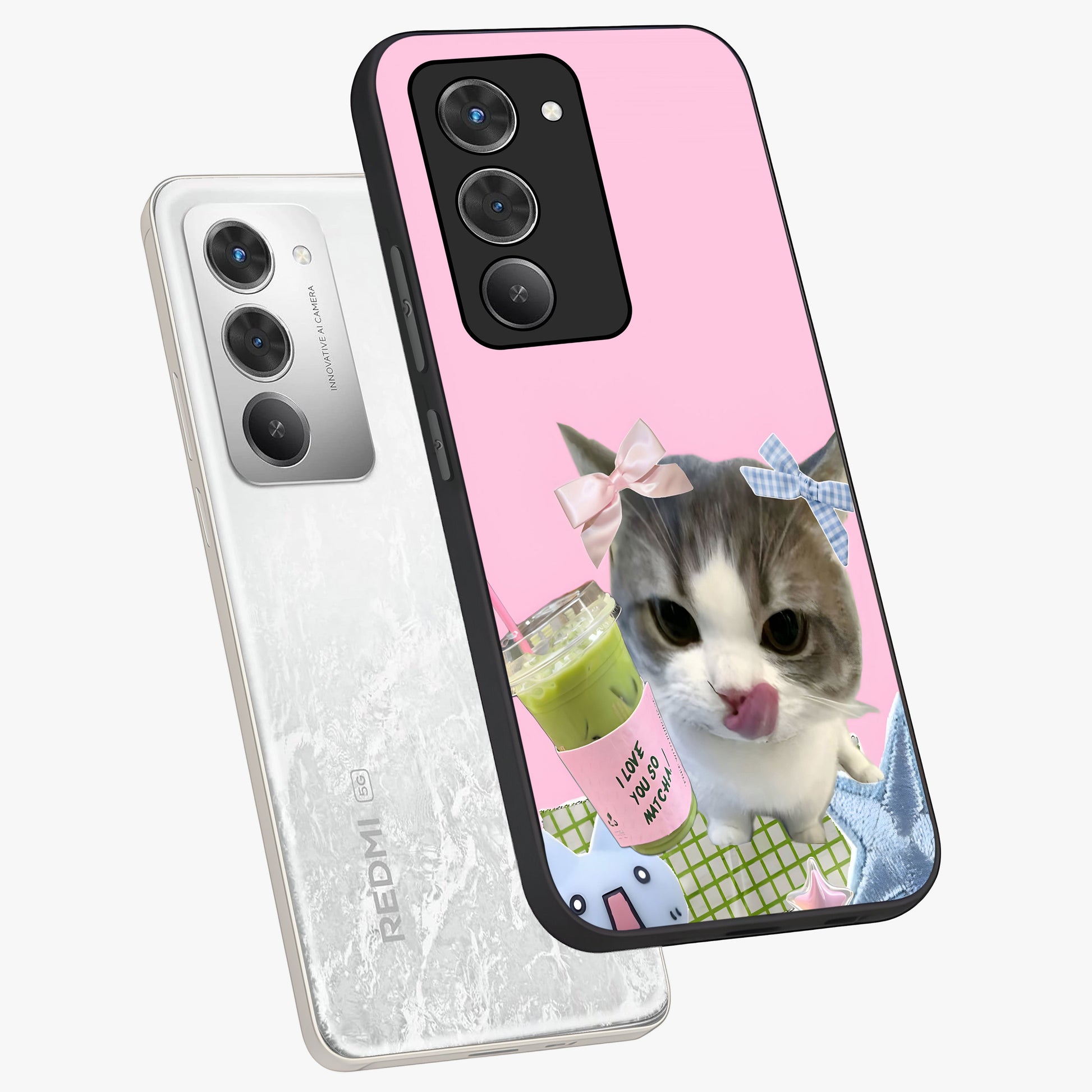 Love Matcha Cat Glass Case displayed in angled mockup highlighting playful feline illustration with cozy matcha aesthetic.