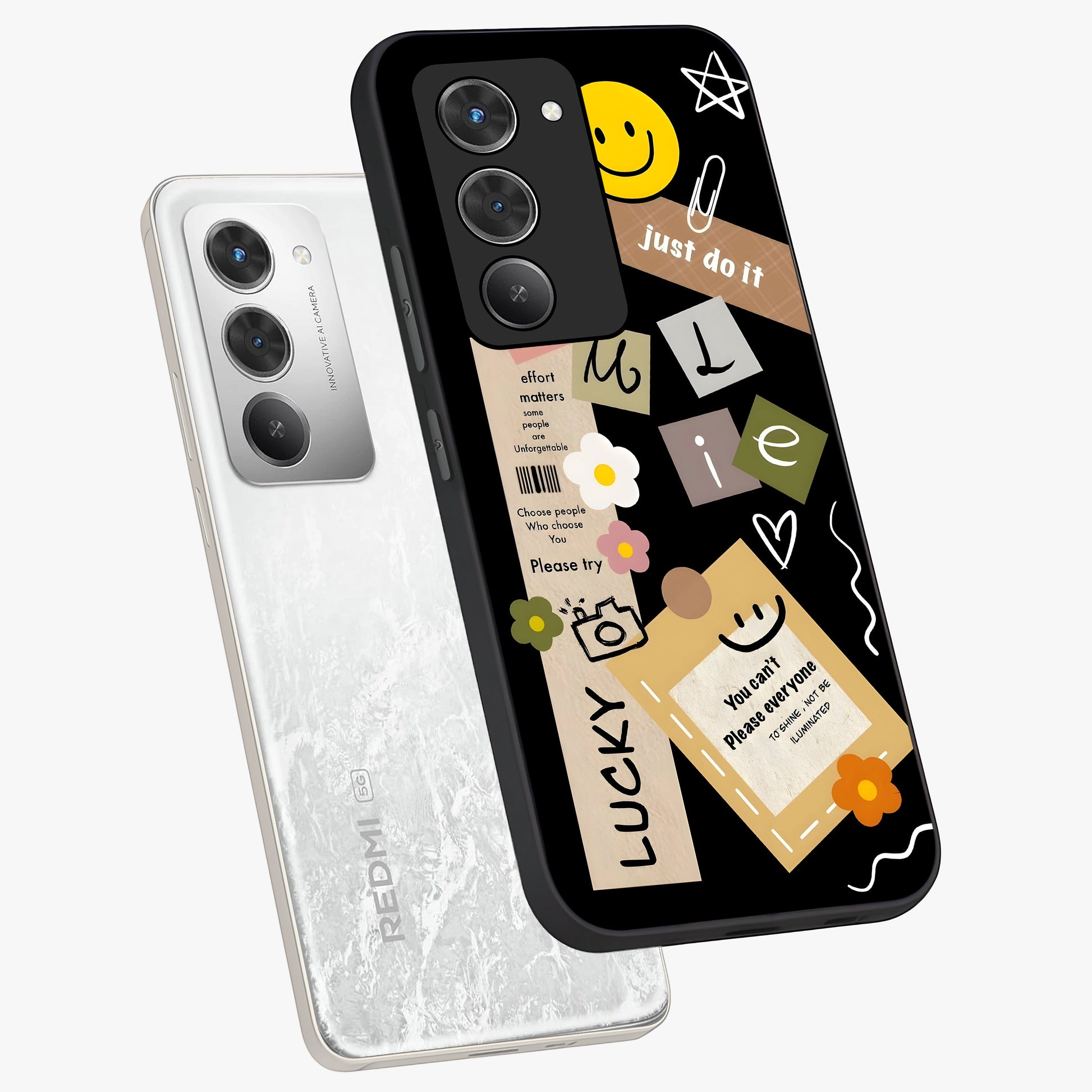 Lucky Aesthetic Collage Glass Case displayed in angled mockup highlighting stylish collage pattern with modern aesthetic vibe.
