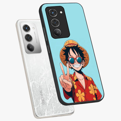 Luffy Summer Anime Vibe Glass Case displayed in angled mockup highlighting energetic anime illustration with summer vibe aesthetic.