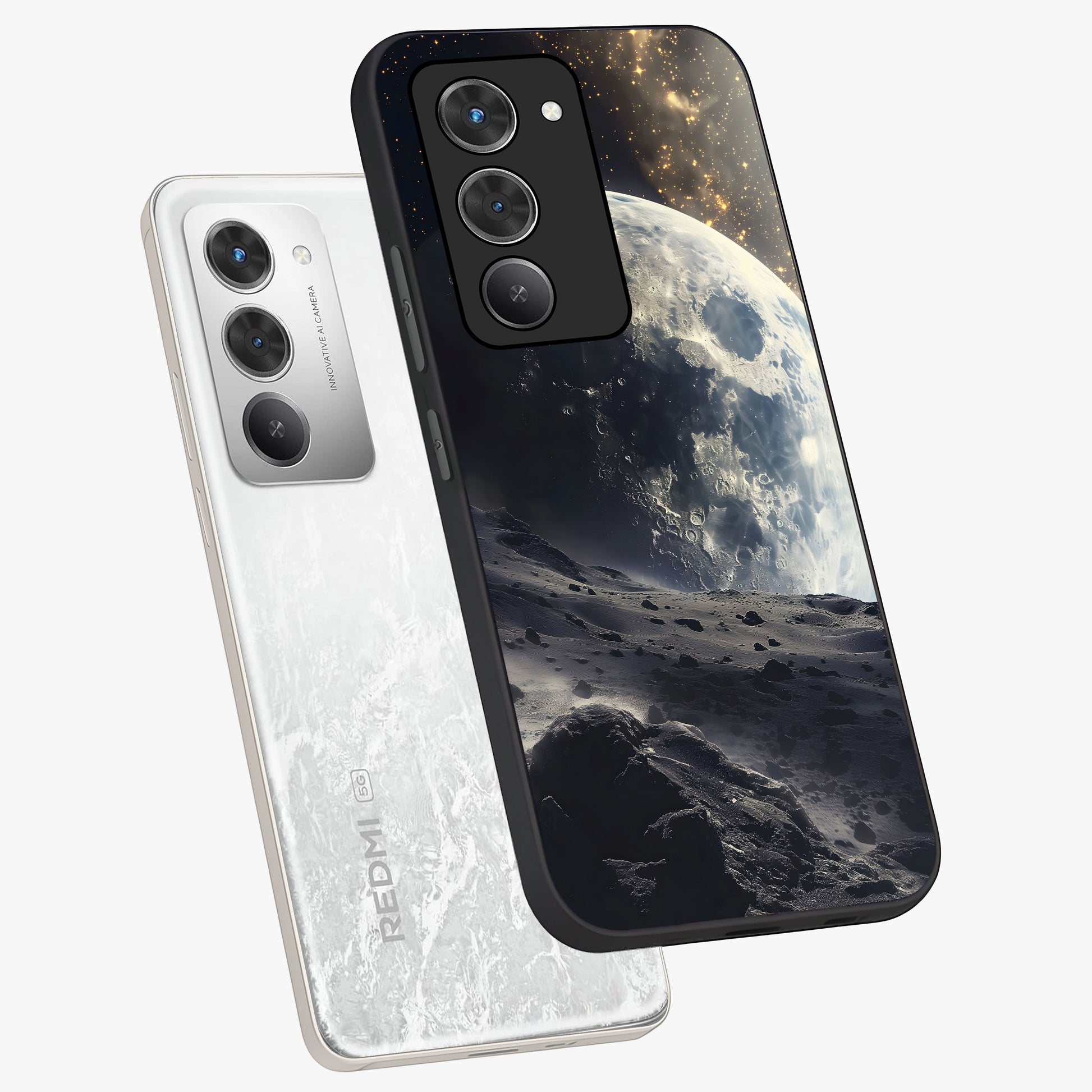 Lunar Horizon Glow Glass Case displayed in angled mockup highlighting celestial moon design with dreamy night aesthetic.