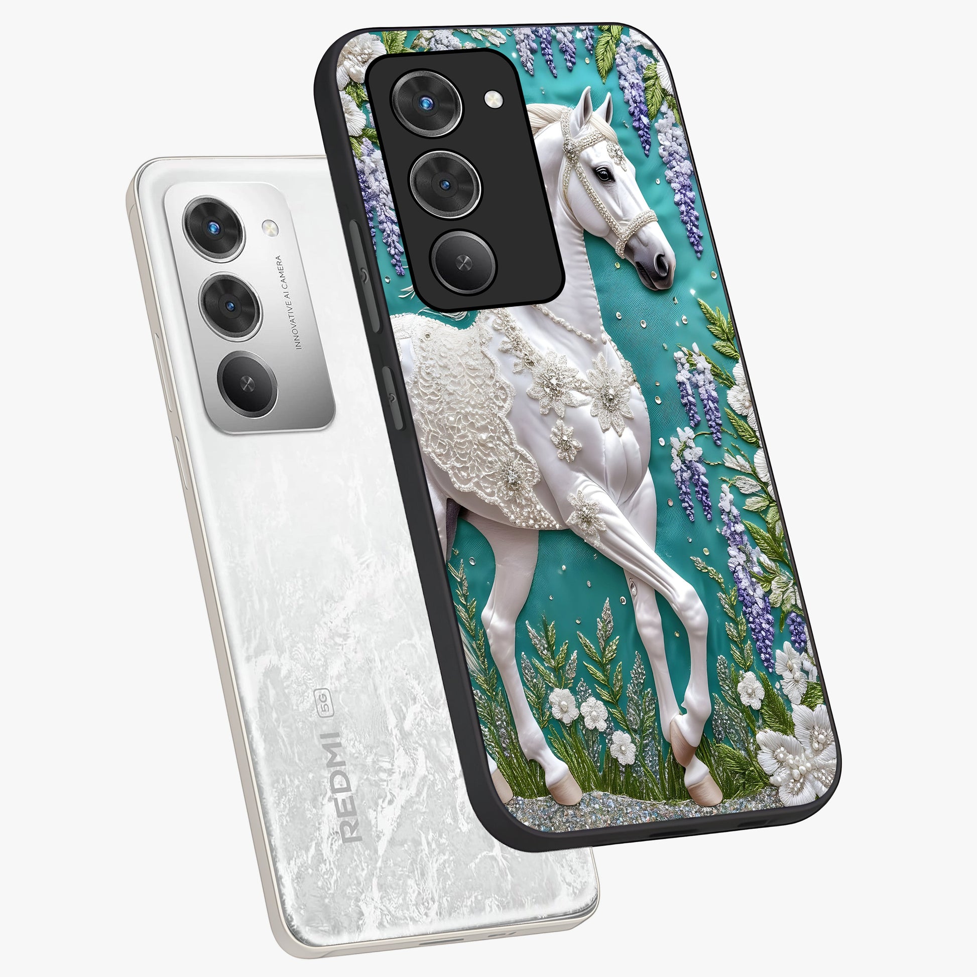 Majestic Floral Stallion Glass Case displayed in angled mockup highlighting majestic stallion illustration with elegant floral aesthetic.