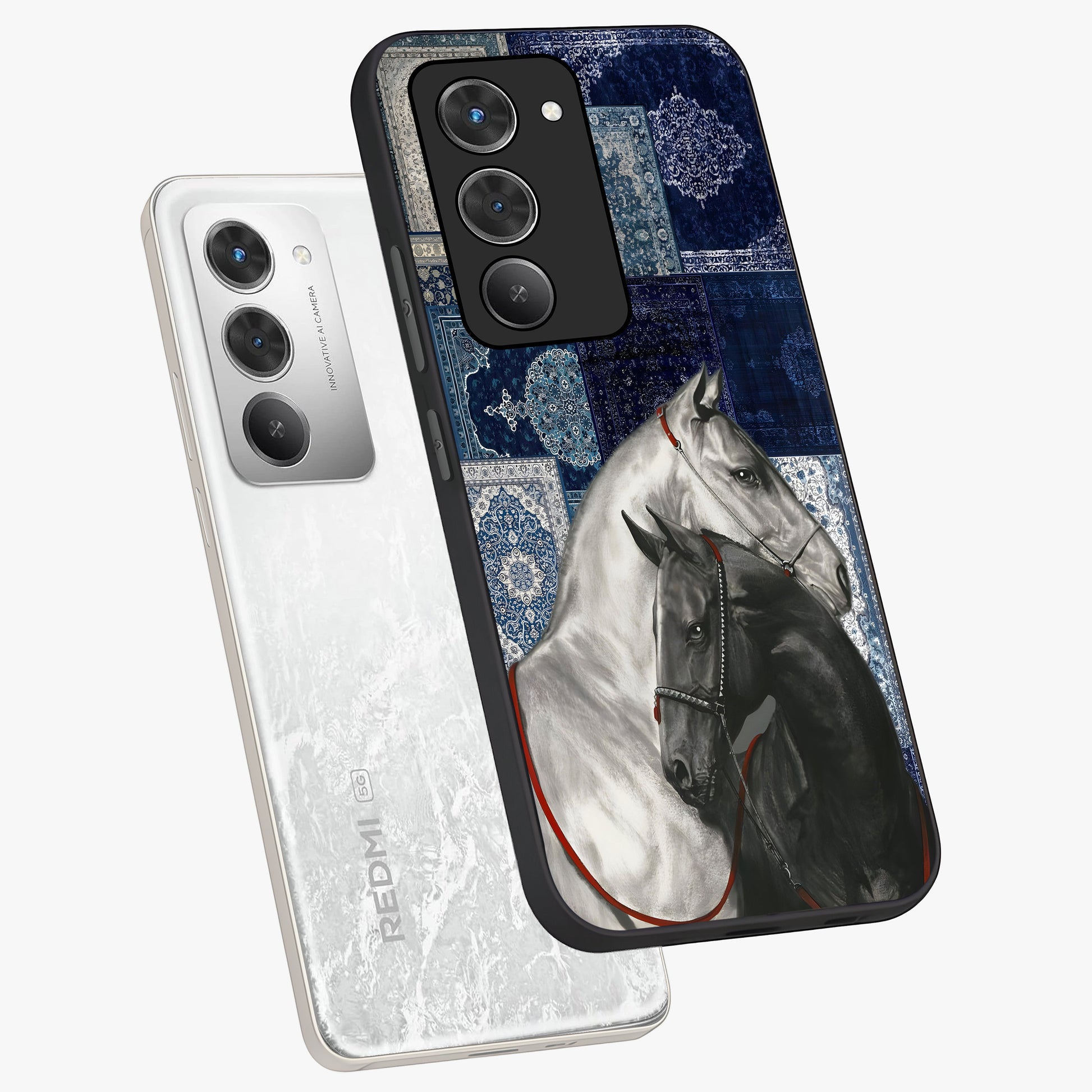 Midnight Stallion Blues Glass Case displayed in angled mockup highlighting powerful stallion illustration with deep midnight tones.