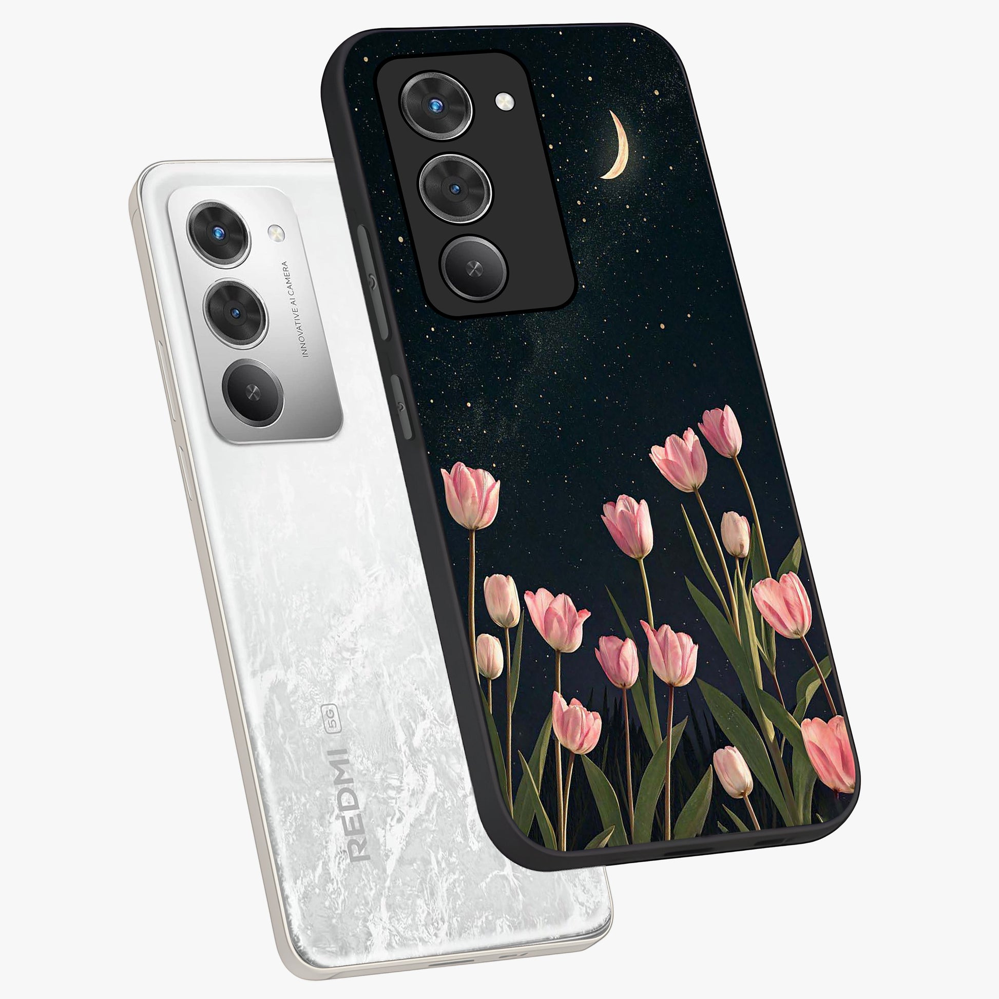 Midnight Tulip Whispers Vibe Glass Case displayed in angled mockup highlighting delicate tulip design with midnight floral aesthetic.