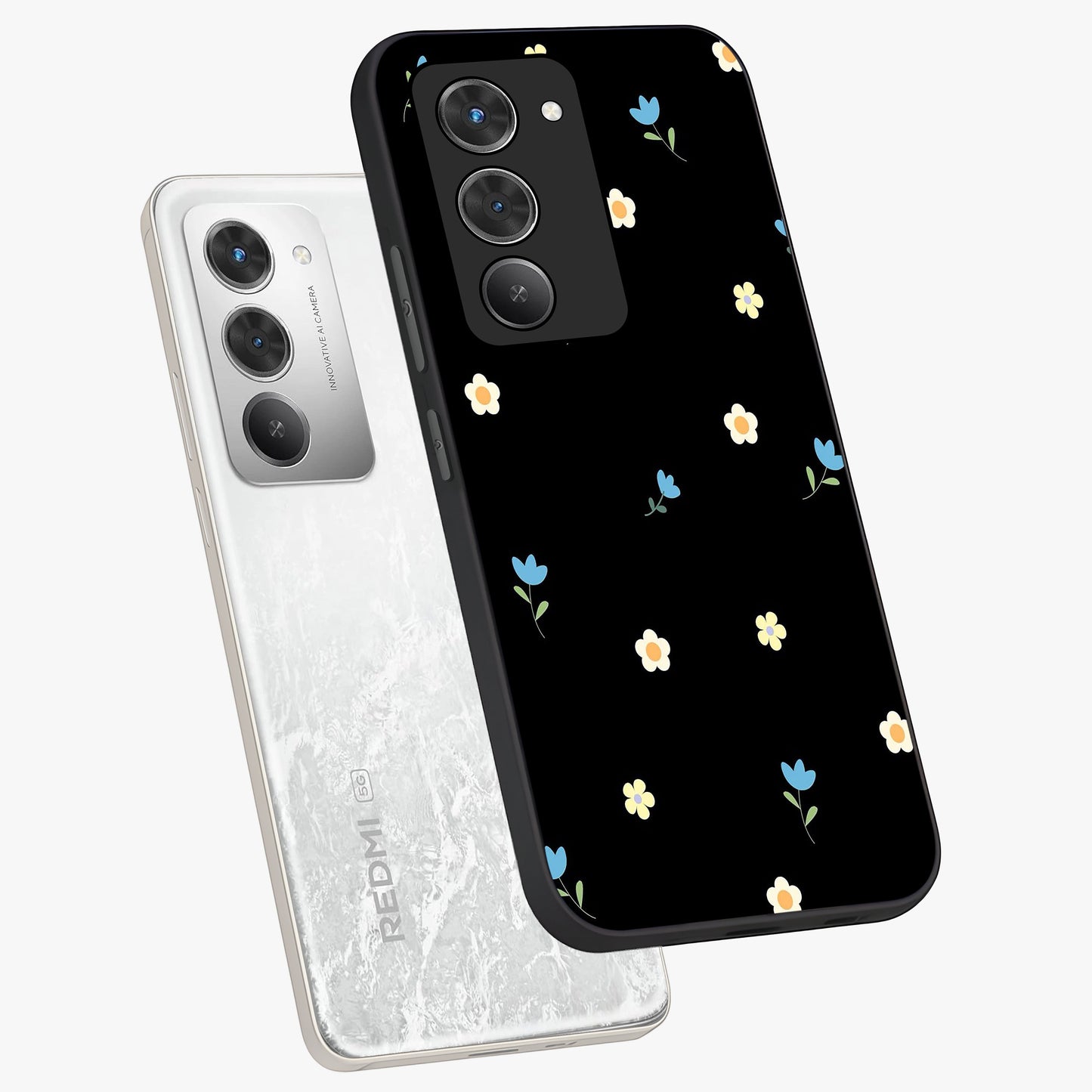 Minimal Petal Whispers Glass Case displayed in angled mockup highlighting delicate petal design with clean minimal aesthetic.