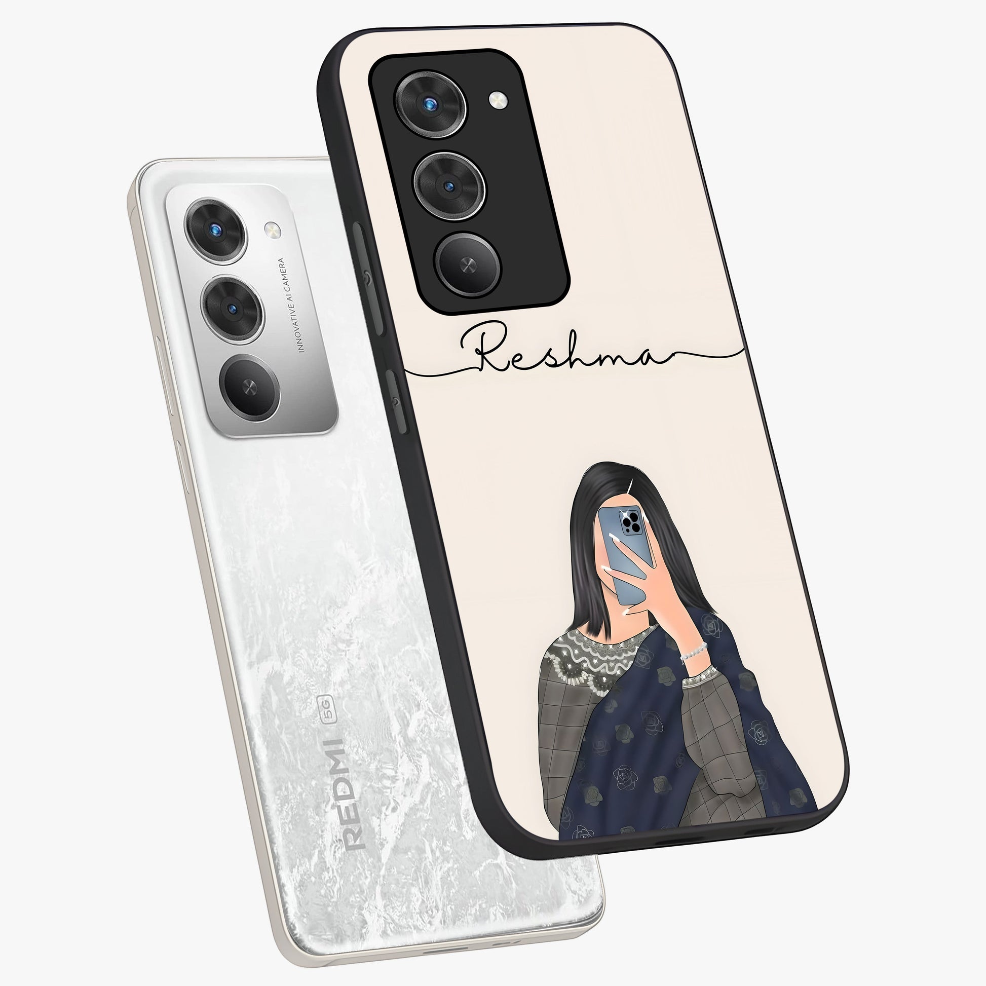 Mirror Mood Muse With Custom Name Glass Case displayed in angled mockup highlighting aesthetic mirror inspired design with custom name feature.